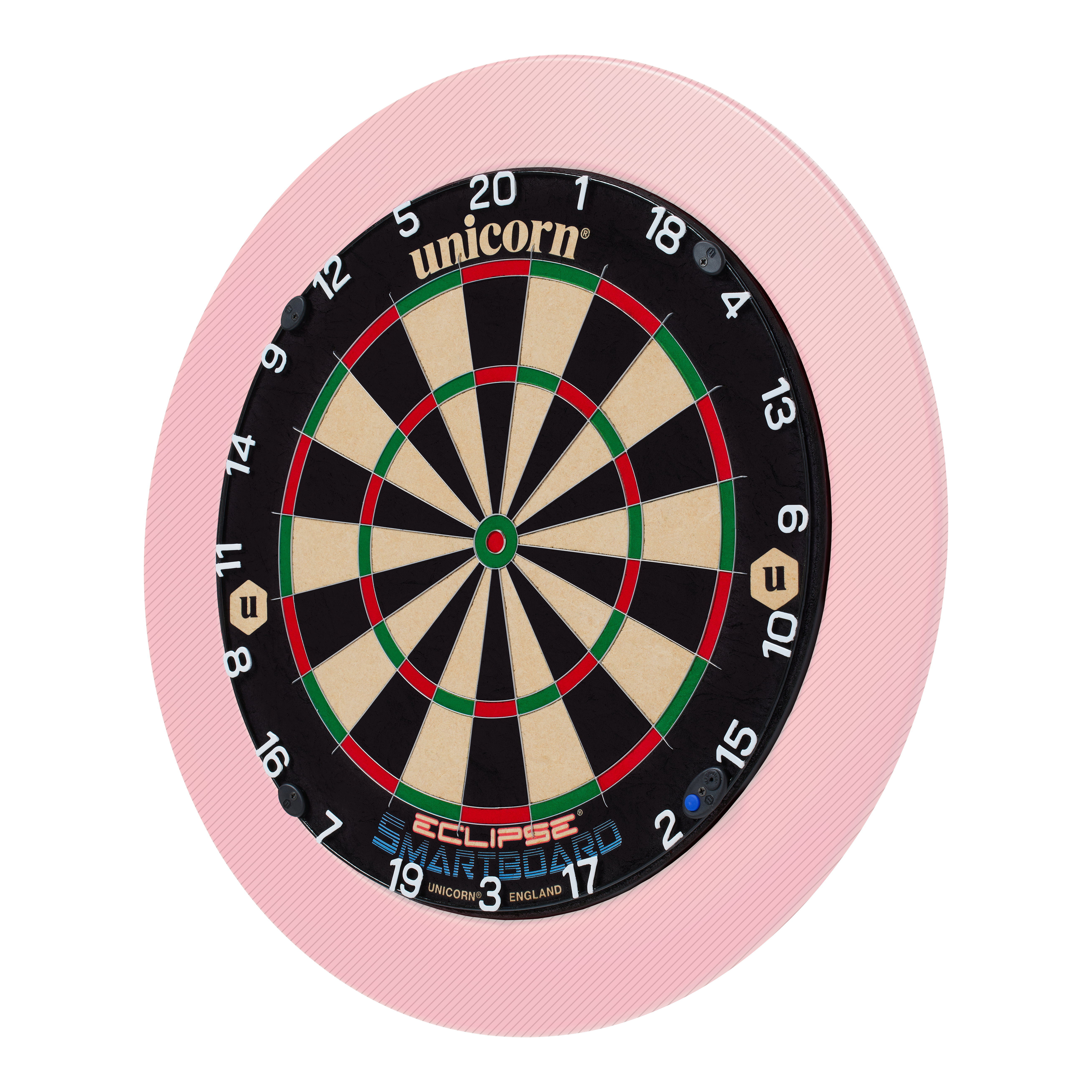 Das Bild zeigt eine Unicorn Eclipse Smartboard Steeldartscheibe mit einem pinken Schutzring. Die Dartscheibe hat klare Zahlen und farbige Segmente für das Dartspiel.