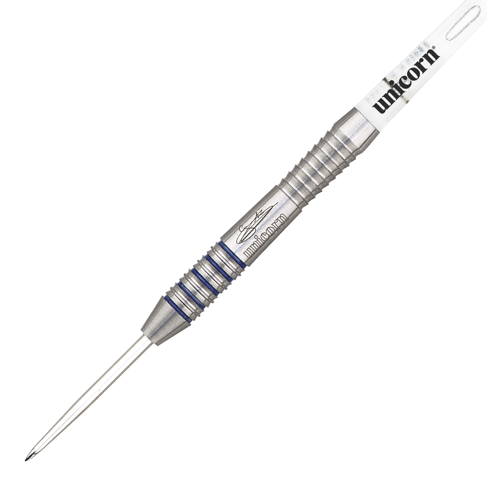 Das Bild zeigt einen Unicorn Silver Star Var.2 Gary Anderson Steeldart. Der Dart besteht aus silbernem Metall mit blauen Akzenten und trägt die Aufschrift "unicorn".