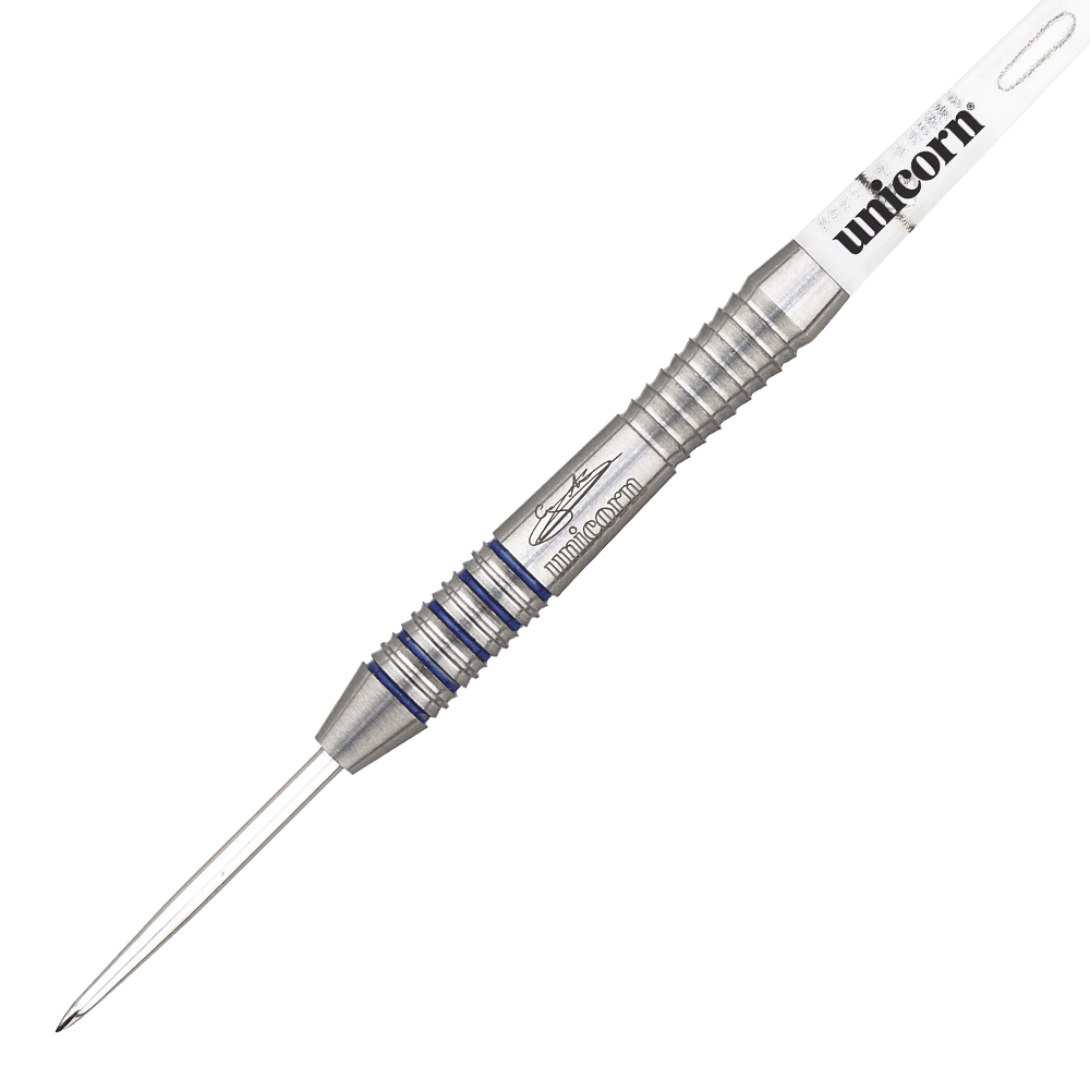 8775_Unicorn_Silver_Star_Var2_Gary_Anderson_Steeldarts_2 Das Bild zeigt einen Unicorn Silver Star Var.2 Gary Anderson Steeldart. Der Dart besteht aus silbernem Metall mit blauen Akzenten und trägt die Aufschrift "unicorn".