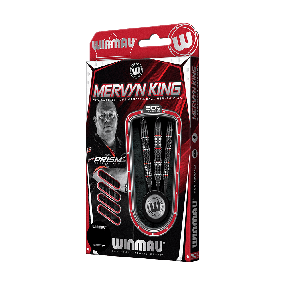 2440_Winmau_Mervyn_King_Special_Edition_Softdarts_3 Die Abbildung zeigt die "Winmau Mervyn King Special Edition Softdarts" in ihrer Verpackung. In der Packung sind drei hochwertige Softdarts mit 90% Tungsten-Anteil zu sehen.