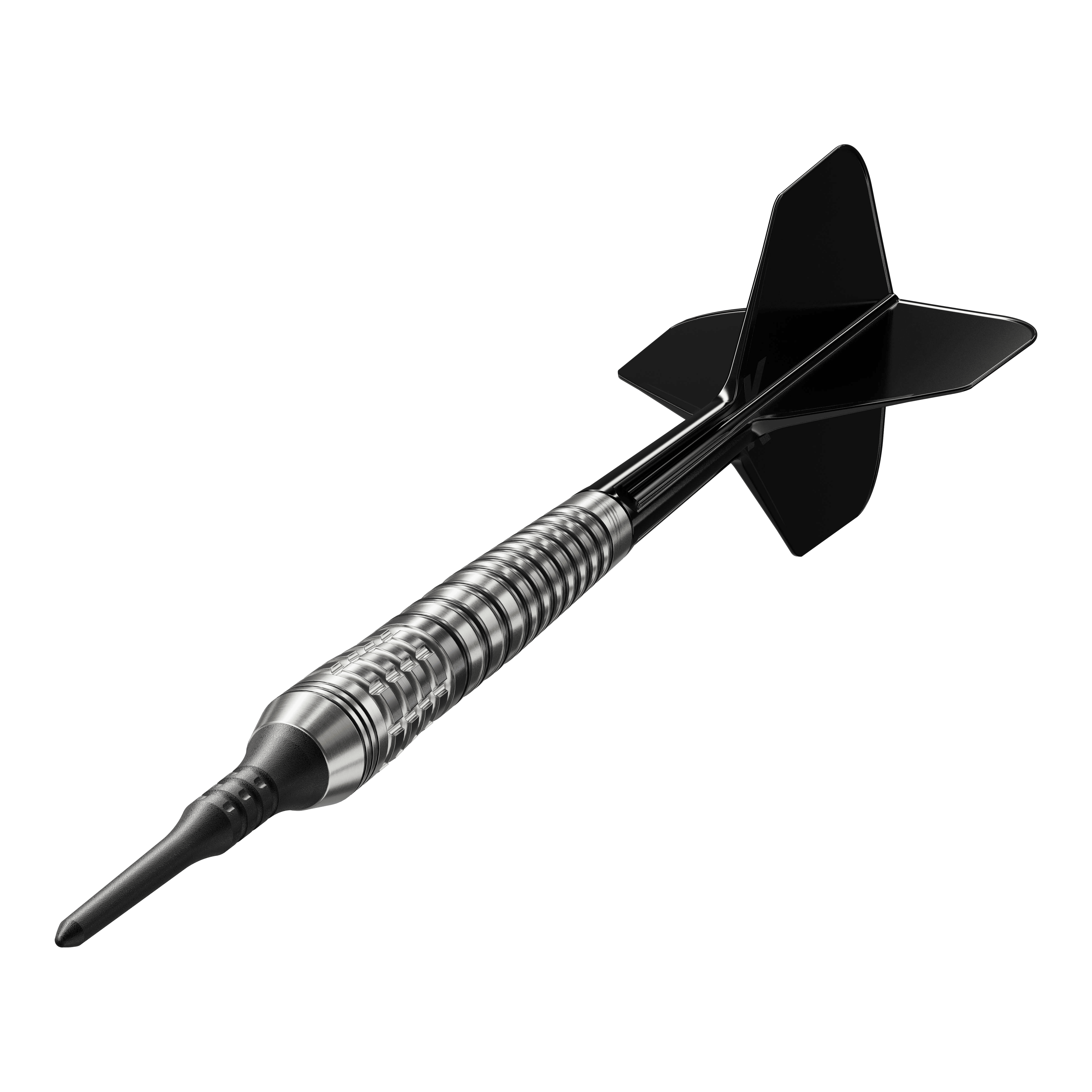 Target Japan Black Marque Renegade 4 Softdarts - 19g Das Bild zeigt einen Softdartpfeil mit schwarzer Spitze und schwarzen Flights. Es handelt sich um das Modell "Target Japan Black Marque Renegade 4 Softdarts - 19g".