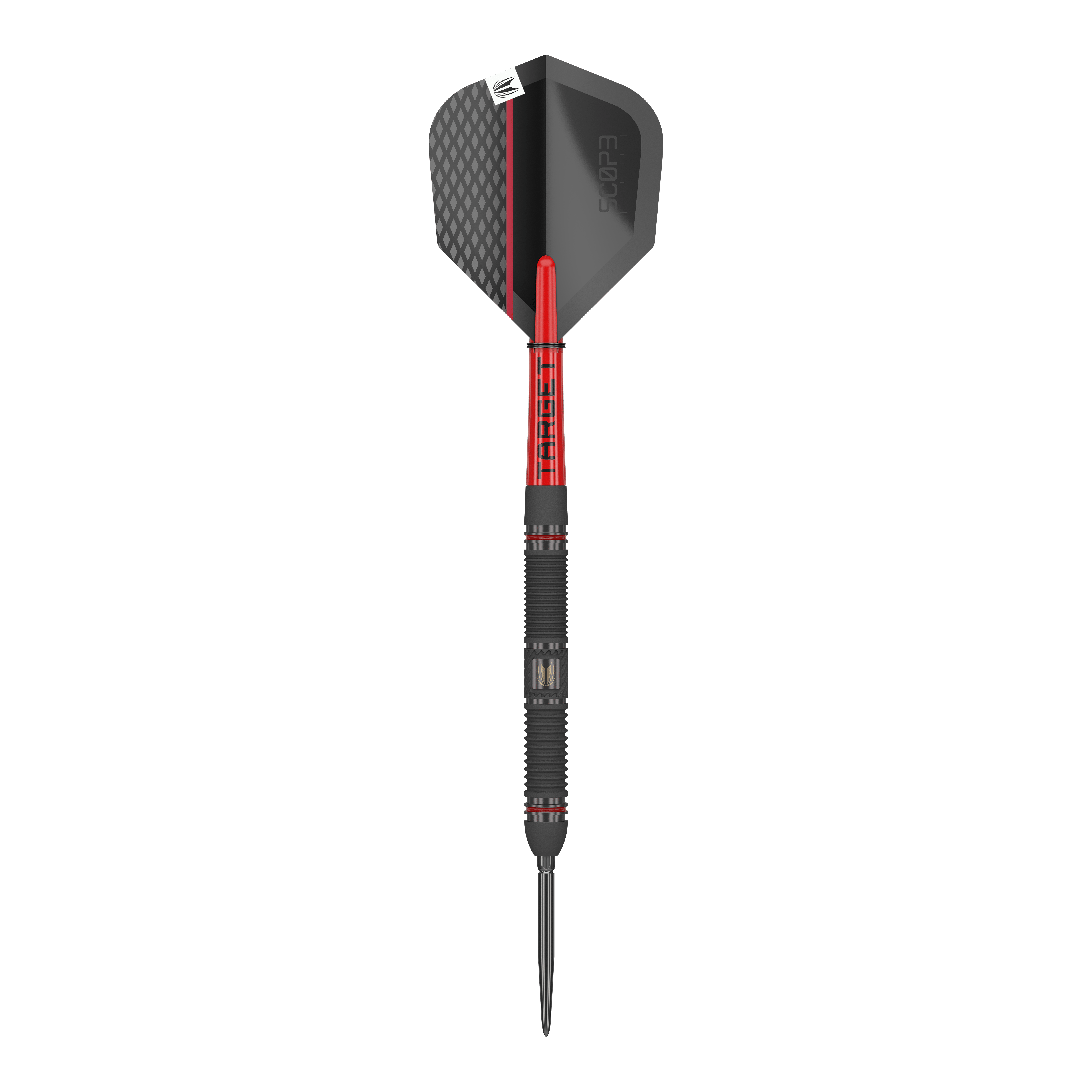 Target Scope 01 Swiss Point steel darts Auf dem Bild ist ein Target Scope 01 Swiss Point Steeldart zu sehen. Der Dart hat ein modernes Design in Schwarz und Rot mit einer strukturierten Oberfläche.