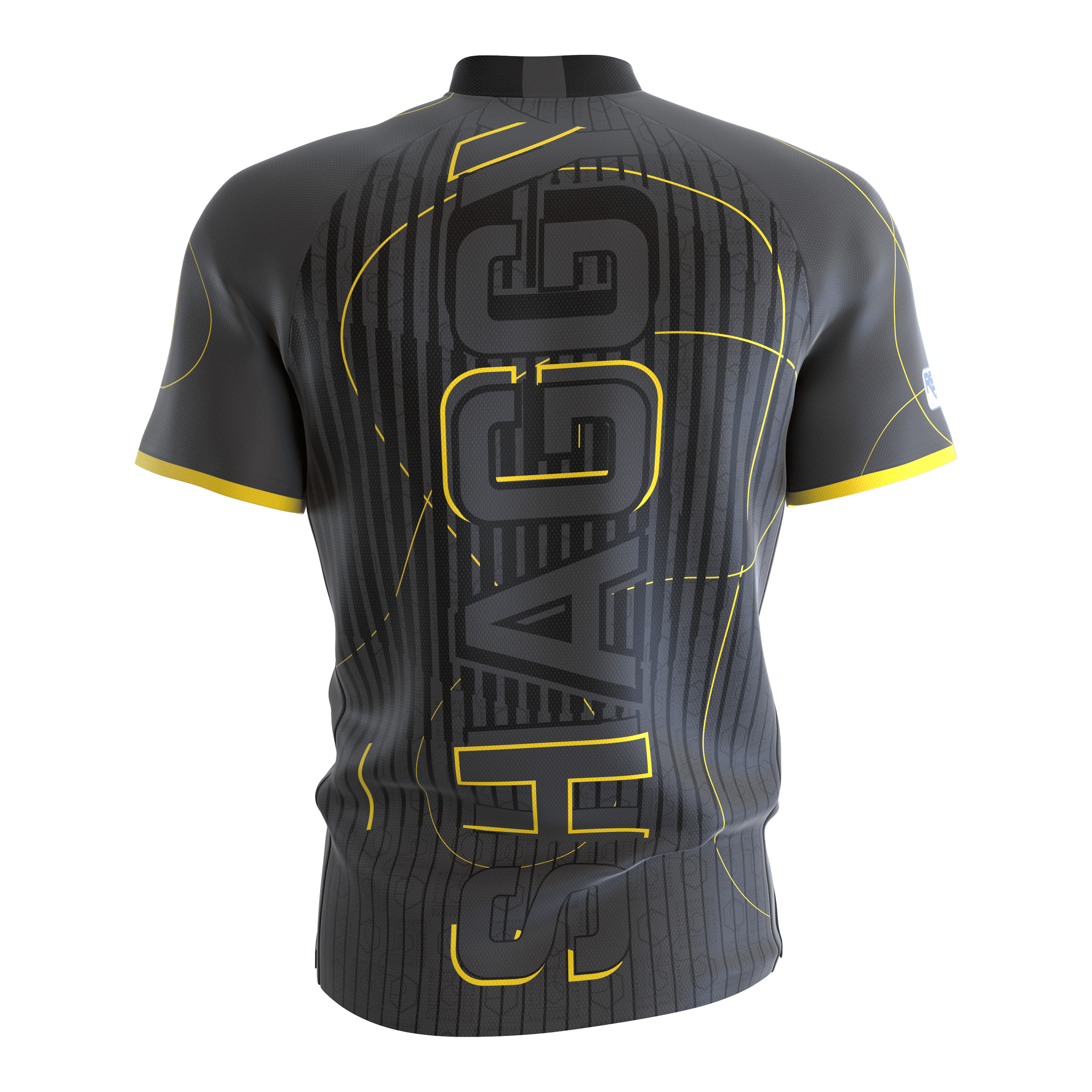 Target Coolplay Collarless Scott Williams dart shirt Das Bild zeigt das Target Coolplay Collarless Scott Williams Dartshirt von hinten. Das Shirt ist grau mit gelben Akzenten und dem großen Schriftzug "SHAGGY" auf dem Rücken.