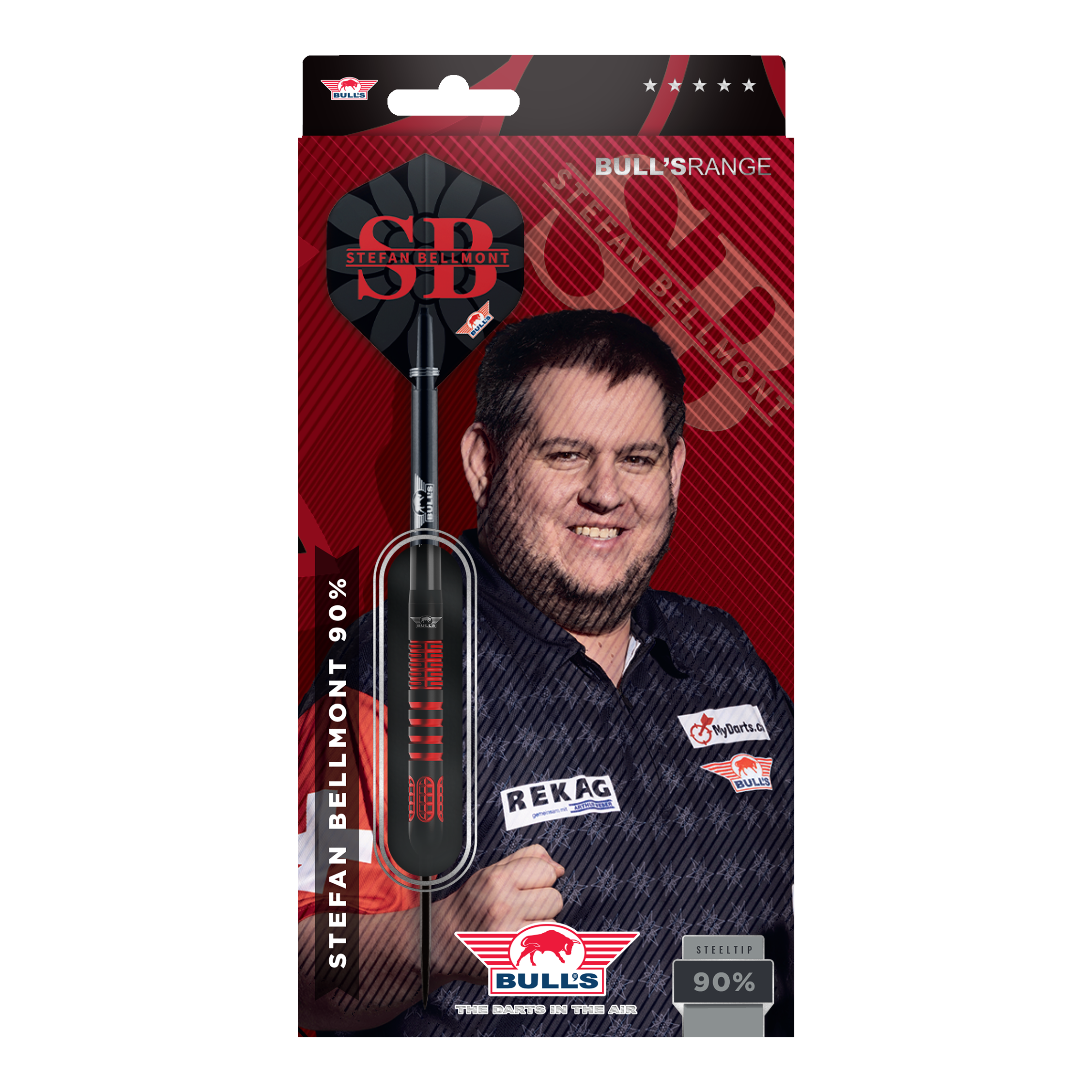 Gezeigt werden die Bulls NL Stefan Bellmont 90 Steeldarts 23g. Sie sind ideal für den Einsatz im Wettkampfsport geeignet.