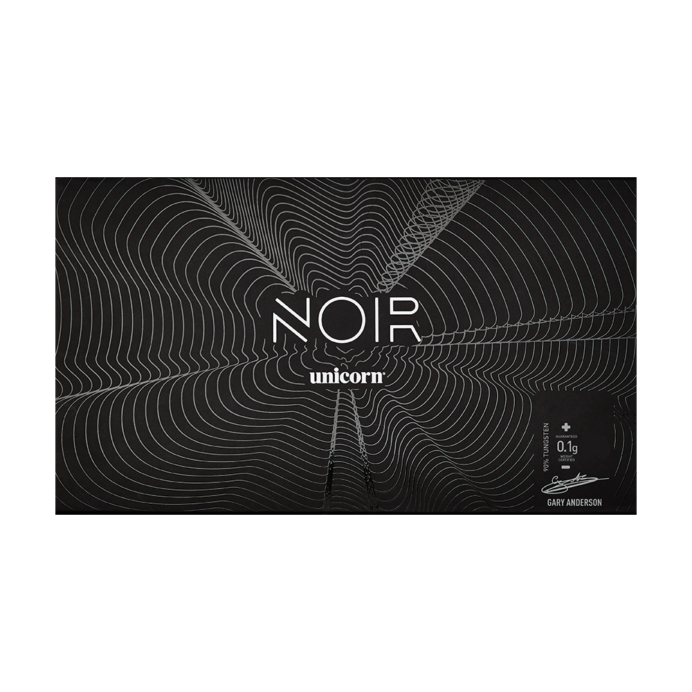 23831_Unicorn_Noir_Gary_Anderson_Phase_5_Softdarts_4 Die Abbildung zeigt die Verpackung der "Unicorn Noir Gary Anderson Phase 5 Softdarts". Das Design ist schwarz mit feinen, geschwungenen Linien und weißer Schrift.