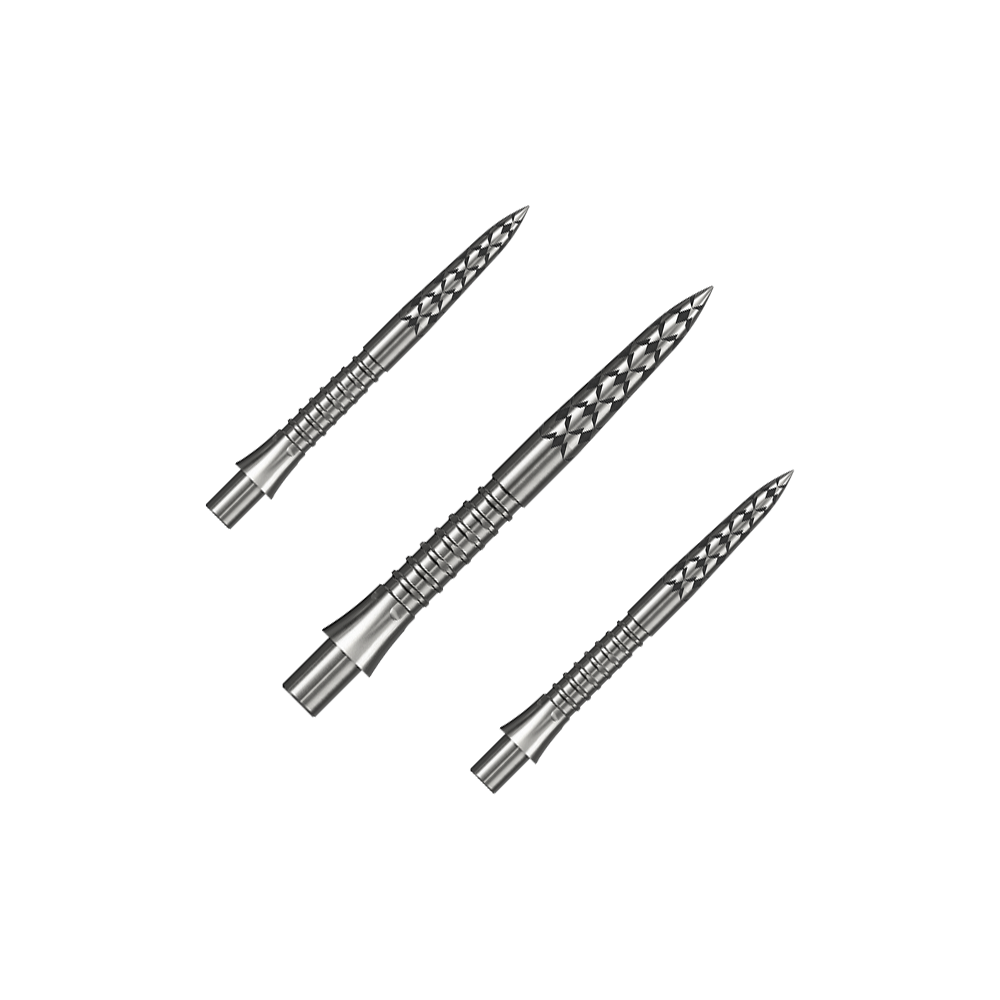 Mission Caliburn EVO dart tips GV logo - silver Hier ist ein Set silberner Steeldartspitzen mit 26 mm Länge zu sehen. Die Aufnahme basiert auf der Datei M002127_Missoin_Caliburn_EVO_GV-Logo_Steeldartspitzen_Silber_26mm_1Set.