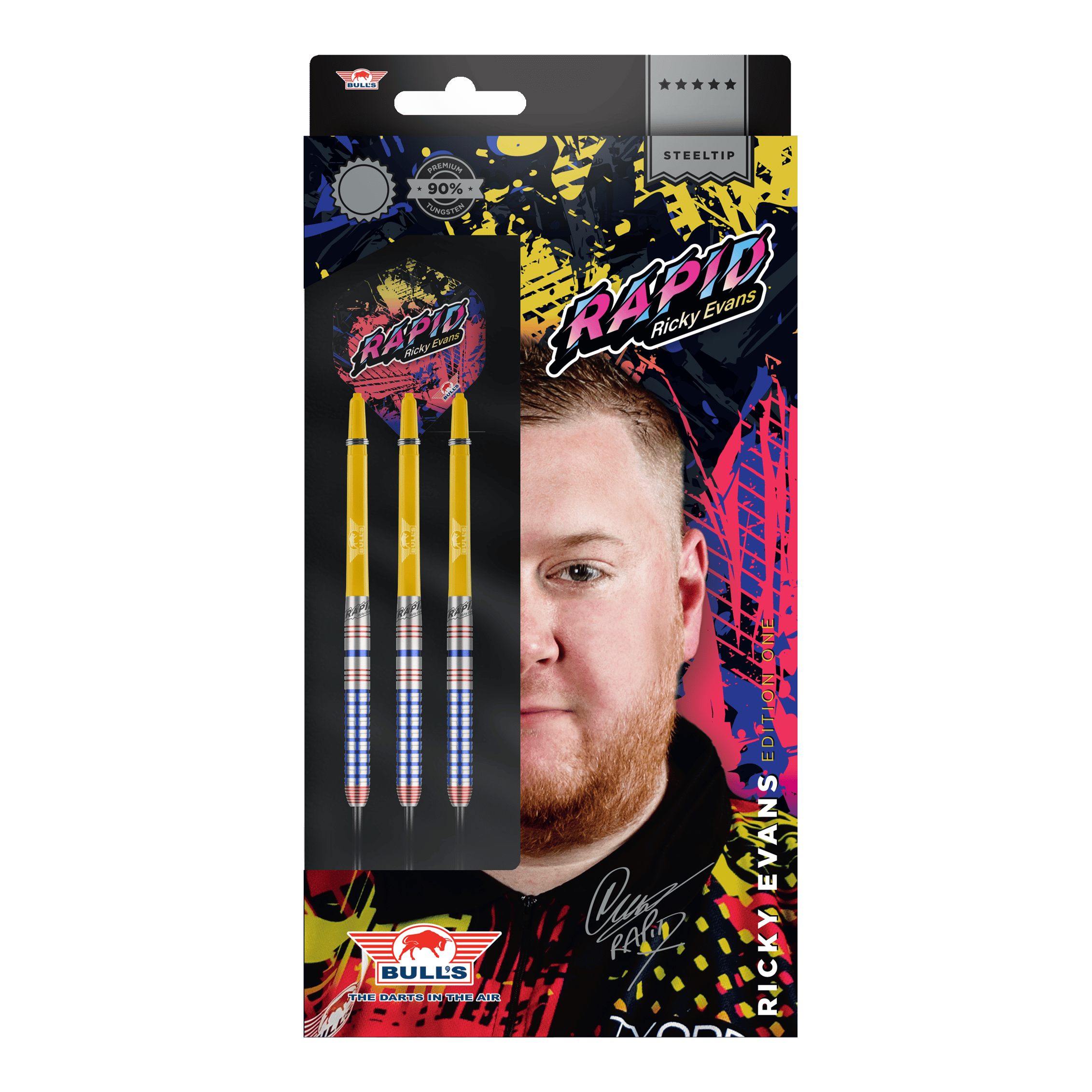Bulls NL Ricky Evans Rapid Edition One Steel Darts Die Abbildung zeigt die Verpackung der "Bulls NL Ricky Evans Rapid Edition One Steeldarts". Auf der Packung sind drei gelb-silberne Steeldarts und ein Porträt von Ricky Evans zu sehen.