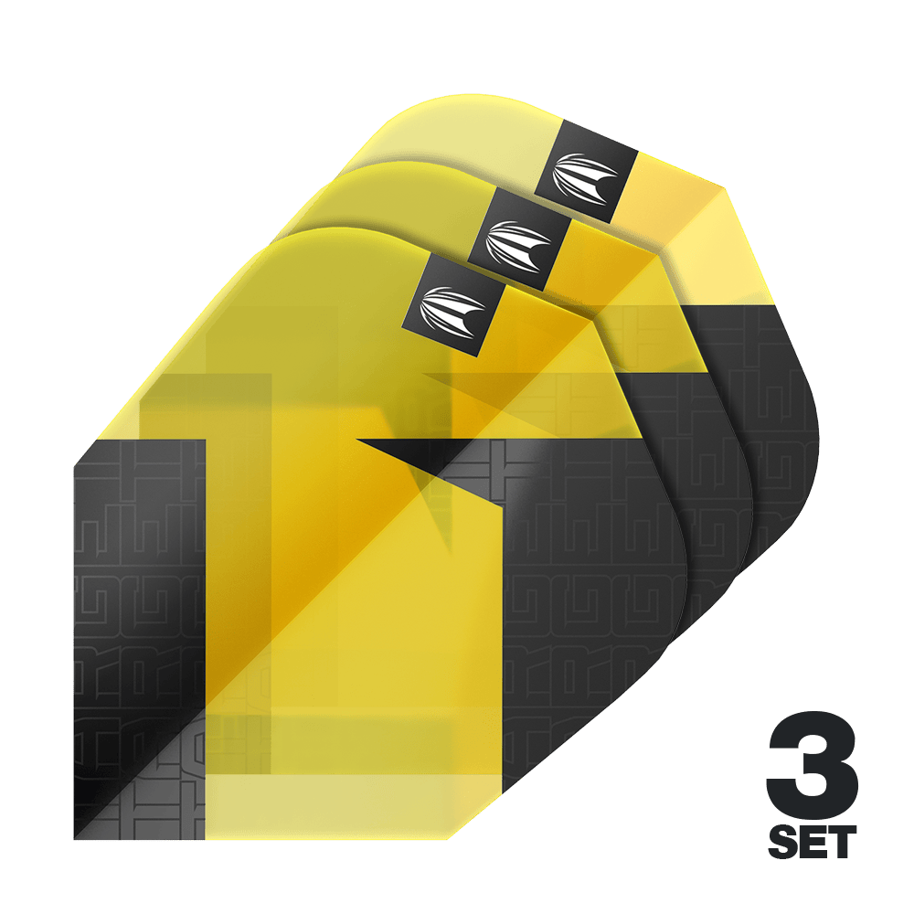 Target Pro Ultra TAG Yellow Ten-X Standard Flights - 3 Sets Das Bild zeigt drei Sets der Target Pro Ultra TAG Gelb Ten-X Standard Flights. Die Flights sind in Gelb und Schwarz gestaltet und eignen sich für Dartpfeile.