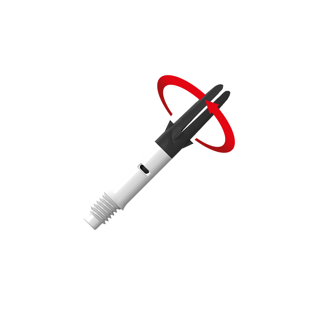 L-L-Style-Shaft Carbon Silent Straight - White Das Bild zeigt einen weißen und schwarzen Dart-Schaft mit einem Gewinde am unteren Ende. Ein roter Pfeil deutet auf eine Drehbewegung des oberen Teils hin.