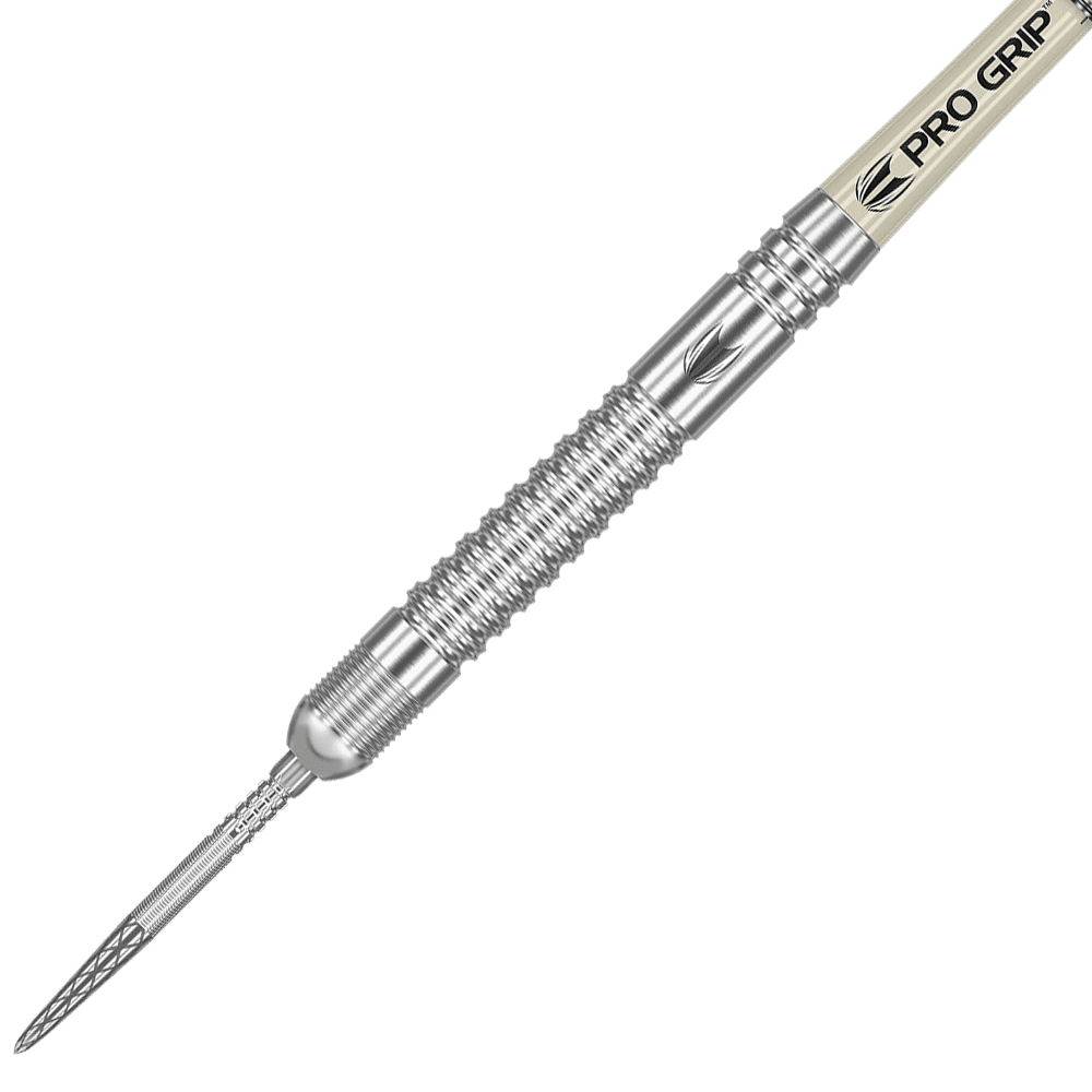 Das Bild zeigt einen silbernen Steeldartpfeil mit gerilltem Griffbereich. Auf dem Schaft steht "PRO GRIP" geschrieben.