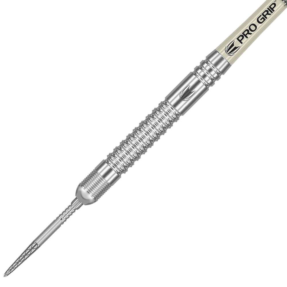 190224-_Target_Dimitri_Van_Den_Bergh_GEN2_Swiss_Point_Steeldarts_2 Das Bild zeigt einen silbernen Steeldartpfeil mit gerilltem Griffbereich. Auf dem Schaft steht "PRO GRIP" geschrieben.