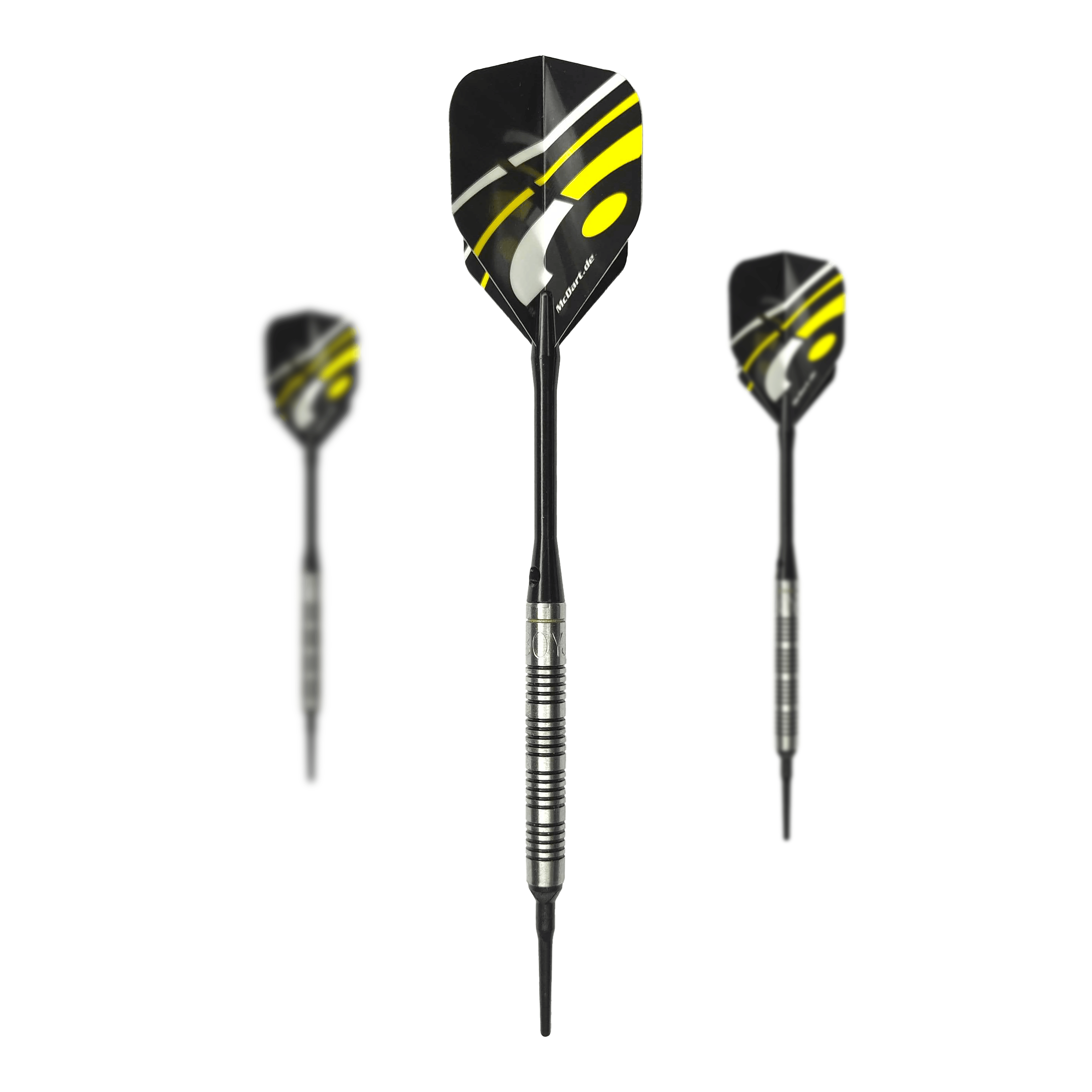 McDart 85 Tungsten V17 Softdarts - 16.5g Auf dem Bild sind drei Softdarts des Modells "McDart 85er Tungsten V17" mit einem Gewicht von 16,5g zu sehen. Die Darts haben schwarze Flights mit gelben und weißen Akzenten sowie silberne, gerillte Barrels.