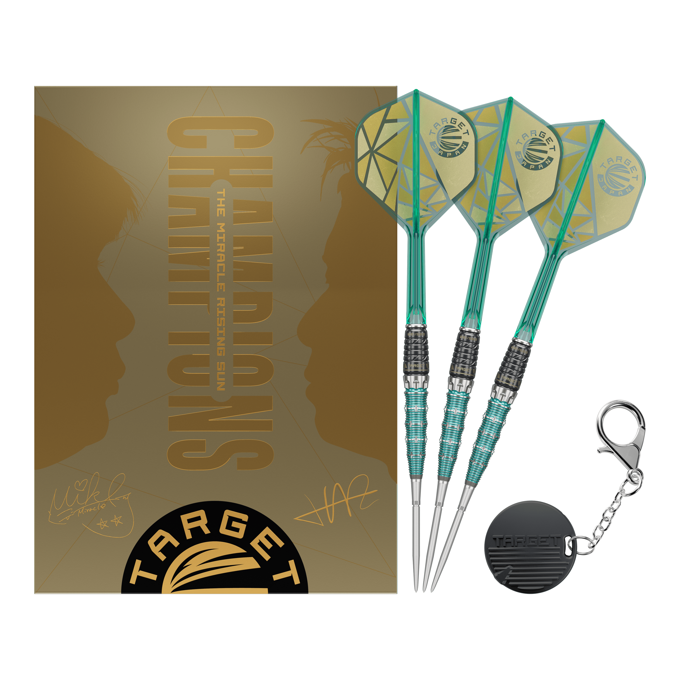 Target Japan The Rising Miracle Combination Limited Edition Swiss Point Steeldarts Ein weiteres Gruppenbild der Target Japan The Rising Miracle Combination Limited Edition Swiss Point Steeldarts. Die Darts liegen symmetrisch.