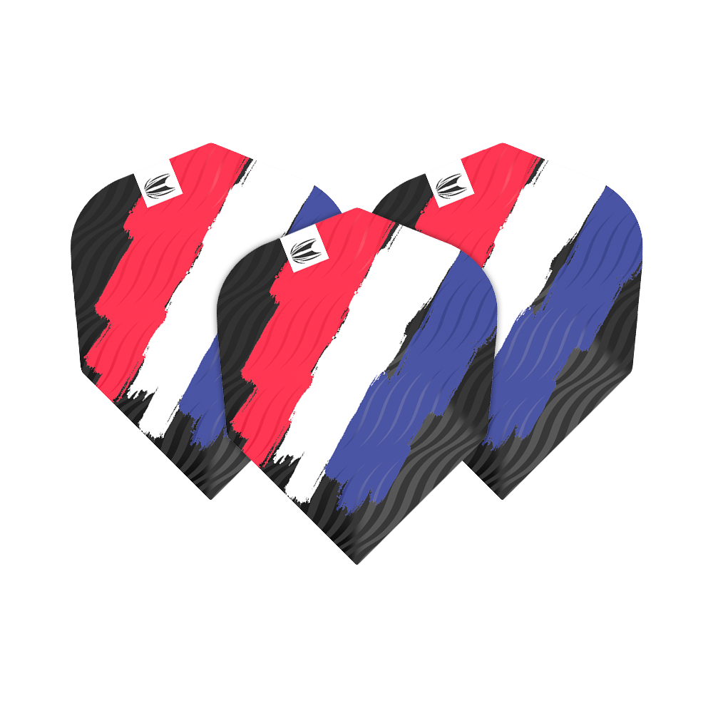 TG13_335780_Target_ProUltra_Flag_Holland_No6_Flights_1Pmc7efCi0JYiG Das Bild zeigt drei Dart-Flights mit einem Muster in den Farben Rot, Weiß und Blau, das an die niederländische Flagge erinnert. Die Flights gehören zum Produkt "Target ProUltra Flag Holland No6 Flights".