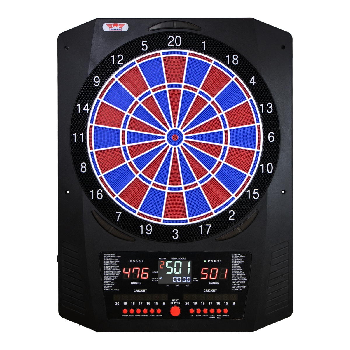 Bulls NL Universum Pro Light Electronic Dartboard - Blue Red Das Bild zeigt das Bulls NL Universum Pro Light Elektronisches Dartboard in Blau und Rot. Es handelt sich um ein elektronisches Dartboard für präzises Spielen.