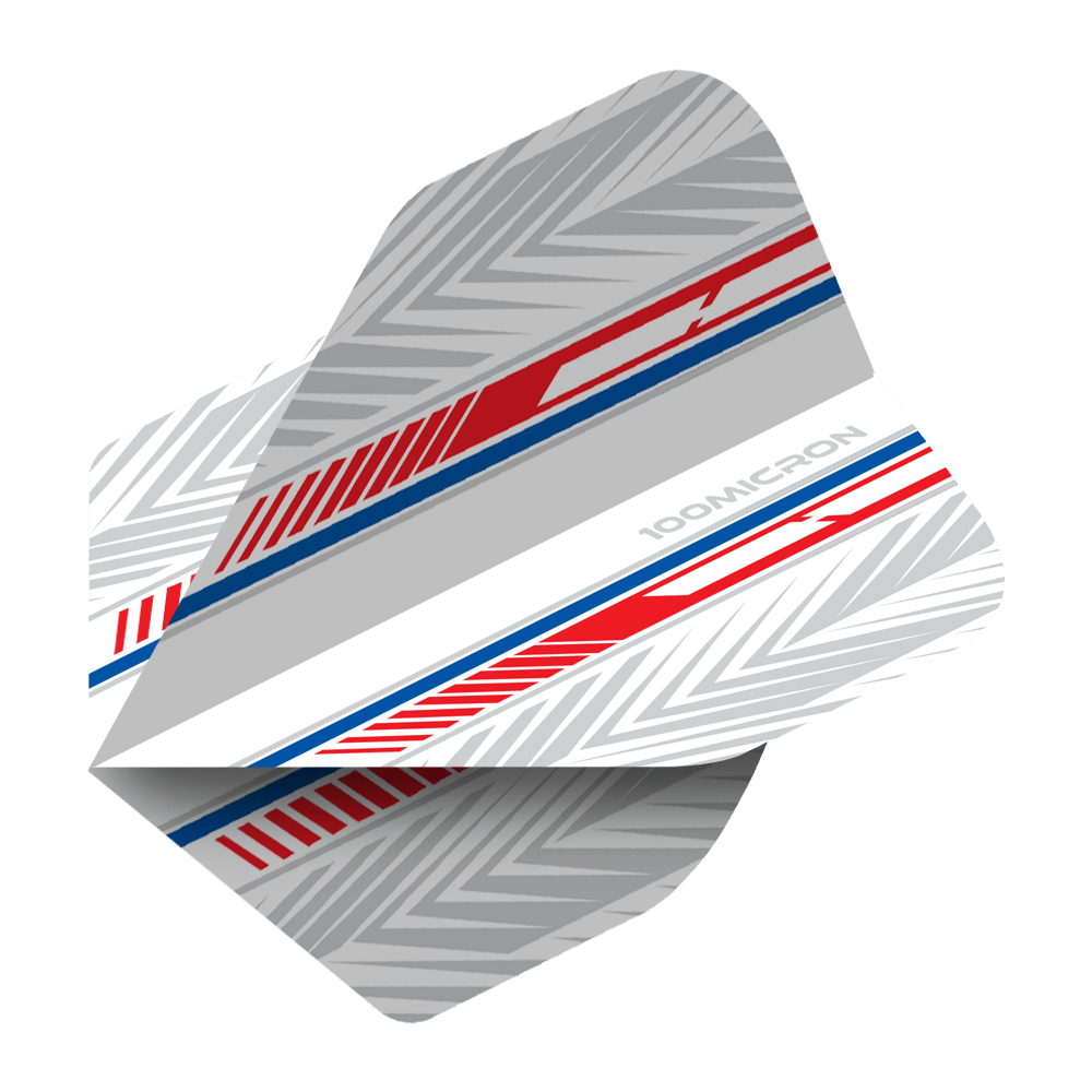 Pentathlon Flights white/red/blue Das Bild zeigt ein Pentathlon White Red Blue No2 Standard Flight für Darts. Das Design ist überwiegend grau mit roten und blauen Akzenten sowie einem geometrischen Muster.