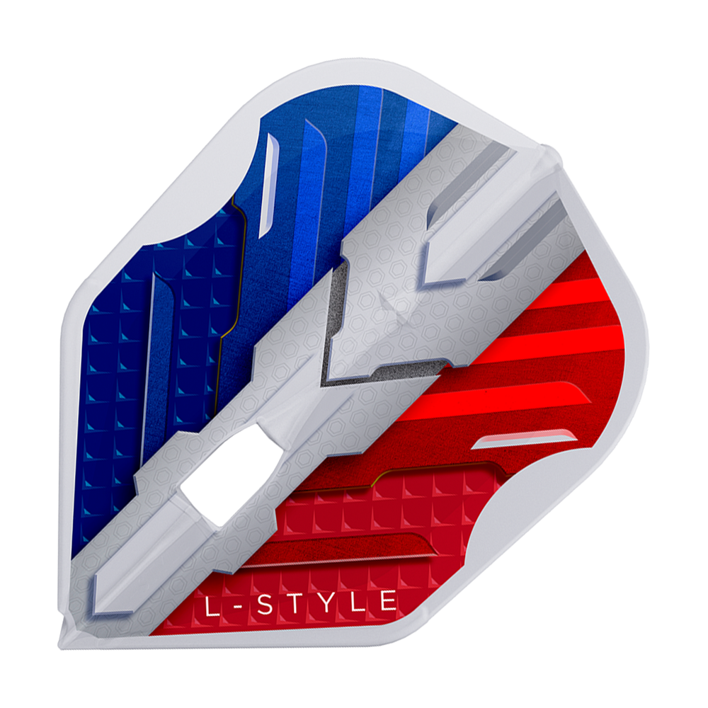 L-Style V-Series V1 Type B France Clear White L3PRO Flights Das Bild zeigt das Produkt "L-Style V-Series V1 Type B France Clear White L3PRO Flights". Die Dart-Flight ist in den Farben Blau, Weiß und Rot gestaltet und trägt die Aufschrift "L-STYLE".