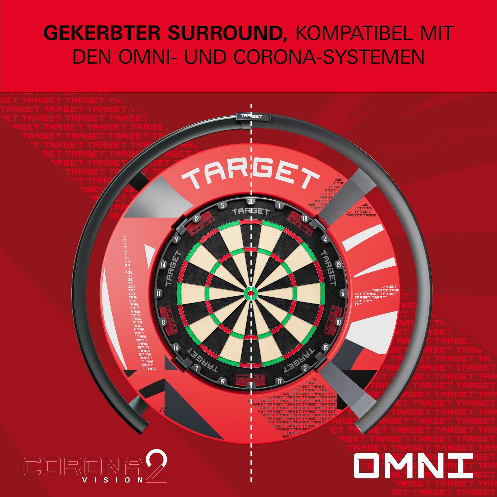 Abgebildet ist eine rote Dartboard-Umrandung mit Muster. Die Oberfläche weist feine Strukturen auf.