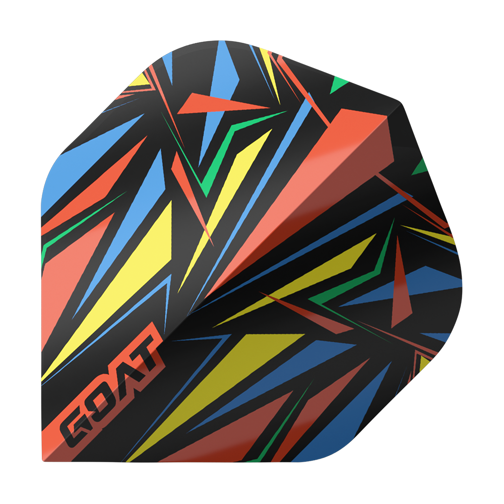 GOAT Athlete Red No2 Standard Flights Das Bild zeigt ein Dart-Flight mit einem bunten, geometrischen Muster in Rot, Gelb, Blau und Grün. In der Ecke steht das Wort „GOAT“ in roten Buchstaben.