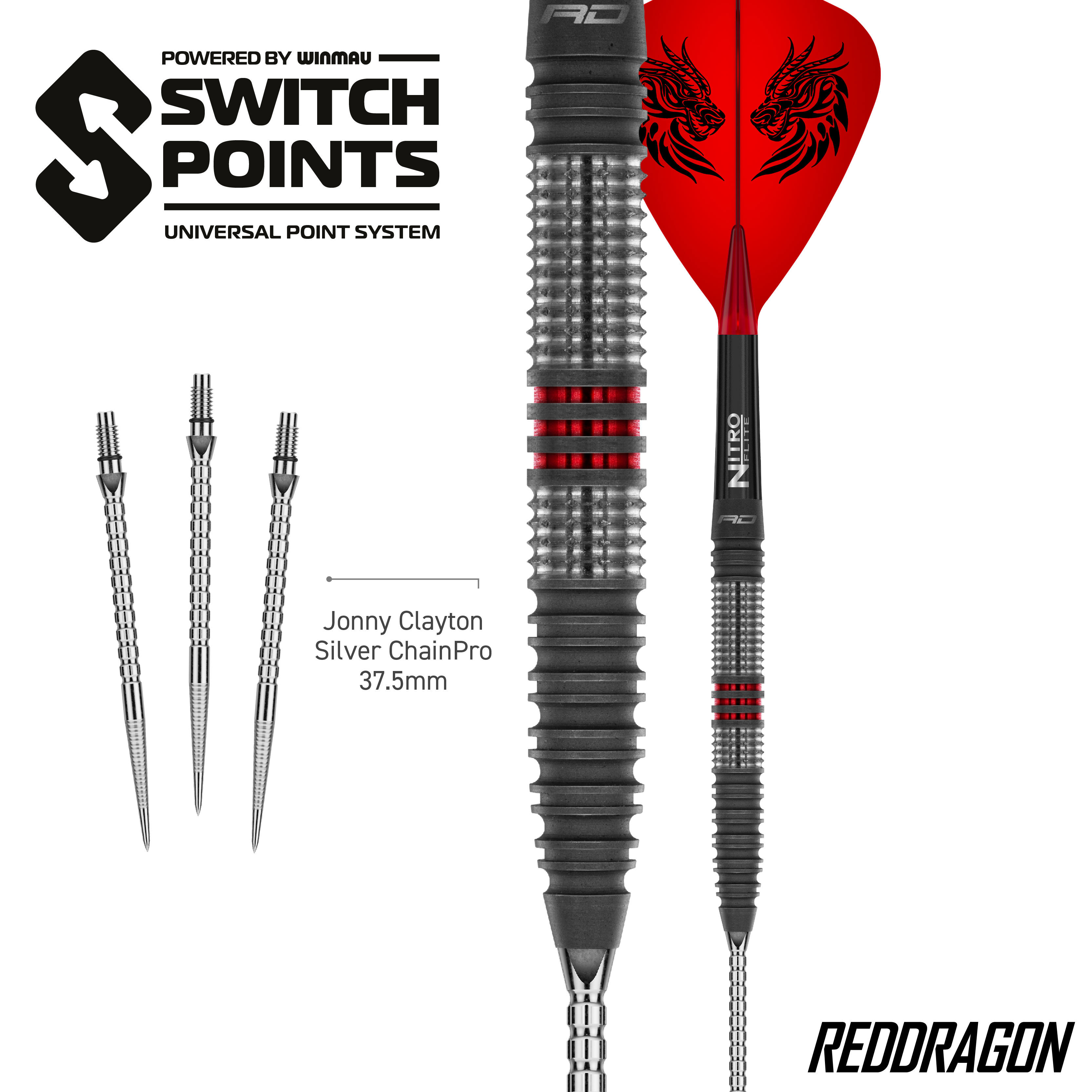 Abgebildet sind Red Dragon Jonny Clayton Hireath Switch Point Steeldarts. Diese Darts überzeugen durch ihre spezielle Form und hohe Qualität.