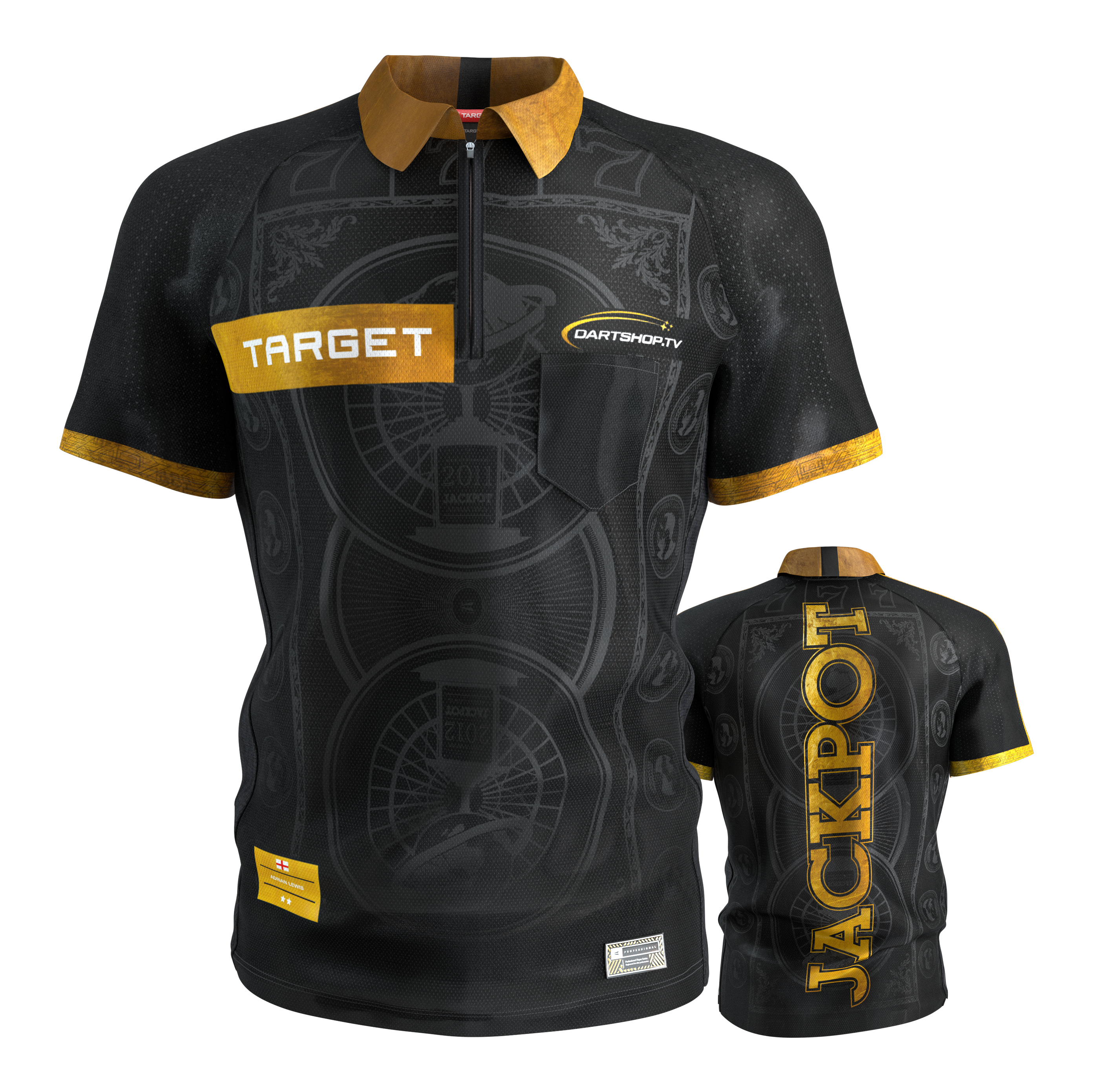 Target Adrian Lewis dart shirt 2026 Das Target Adrian Lewis Dartshirt 2026 ist auf diesem Bild sichtbar. Es ist ideal für Darts-Fans und Spieler geeignet.