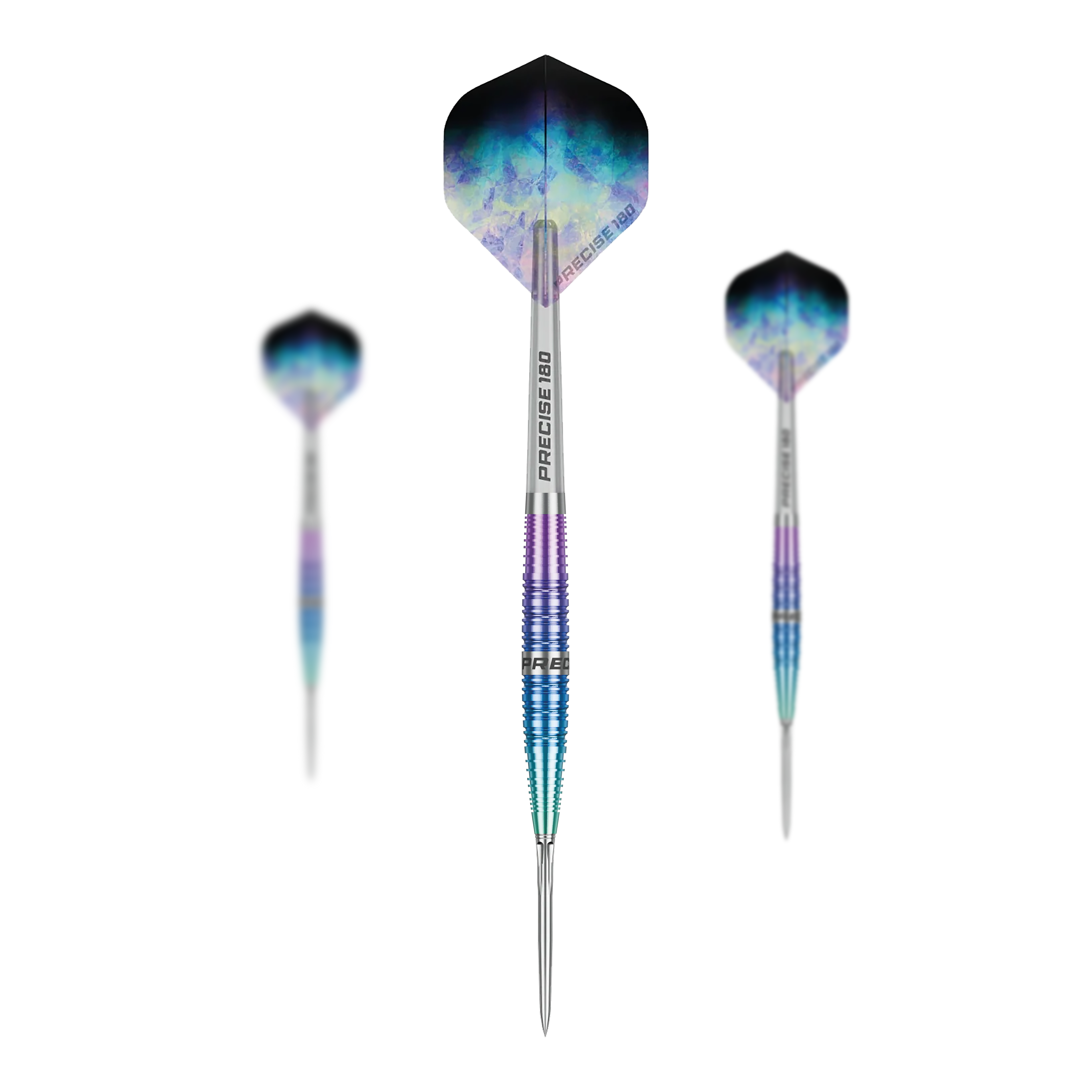 Precise 180 Northern Lights steel darts Die Precise 180 Northern Lights Steeldarts sind als Set dargestellt. Mehrere Dartpfeile sind gemeinsam angeordnet.