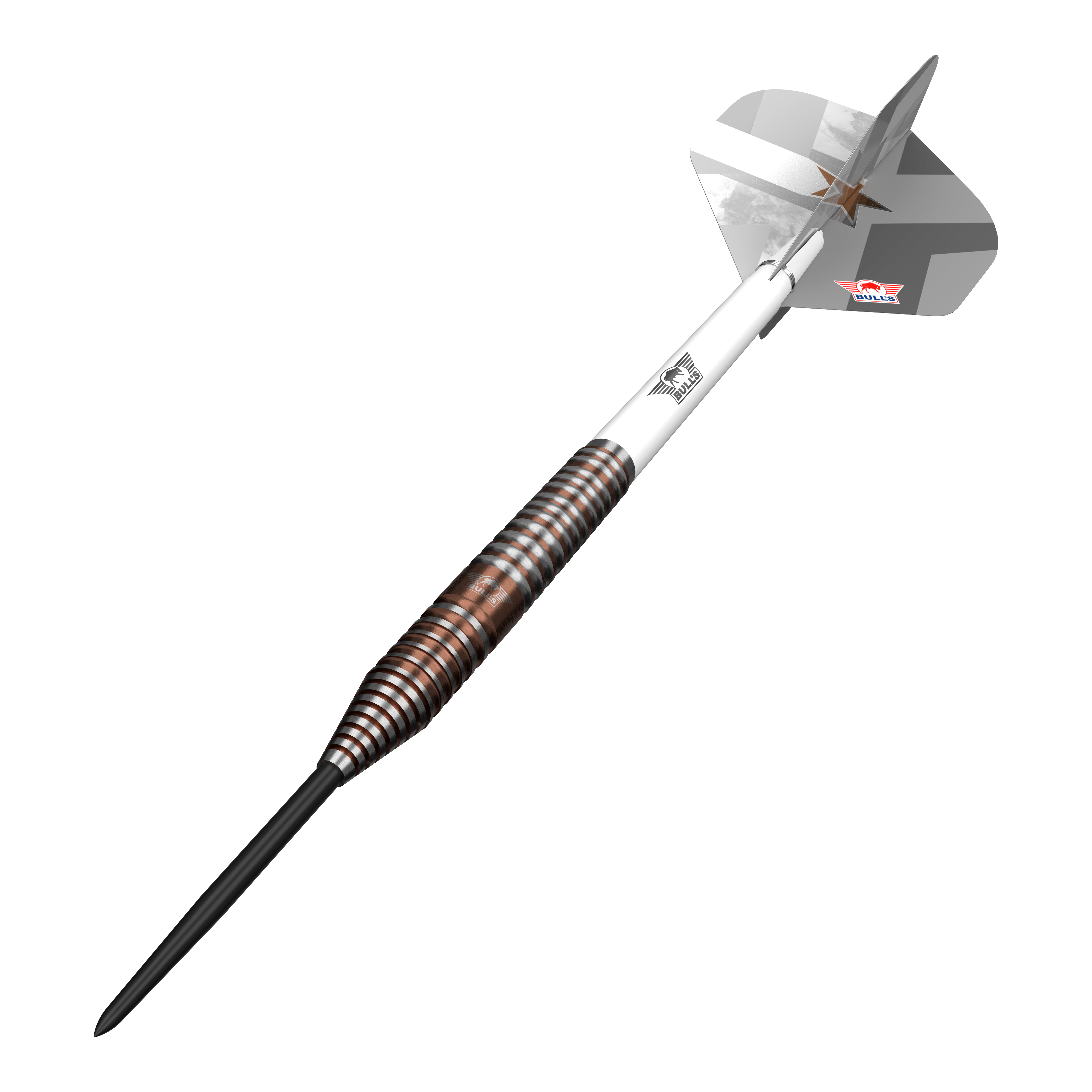 Abgebildet sind Bulls NL Max Hopp E5 Steeldarts. Sie bieten einen guten Griff und eine ausgewogene Gewichtsverteilung.