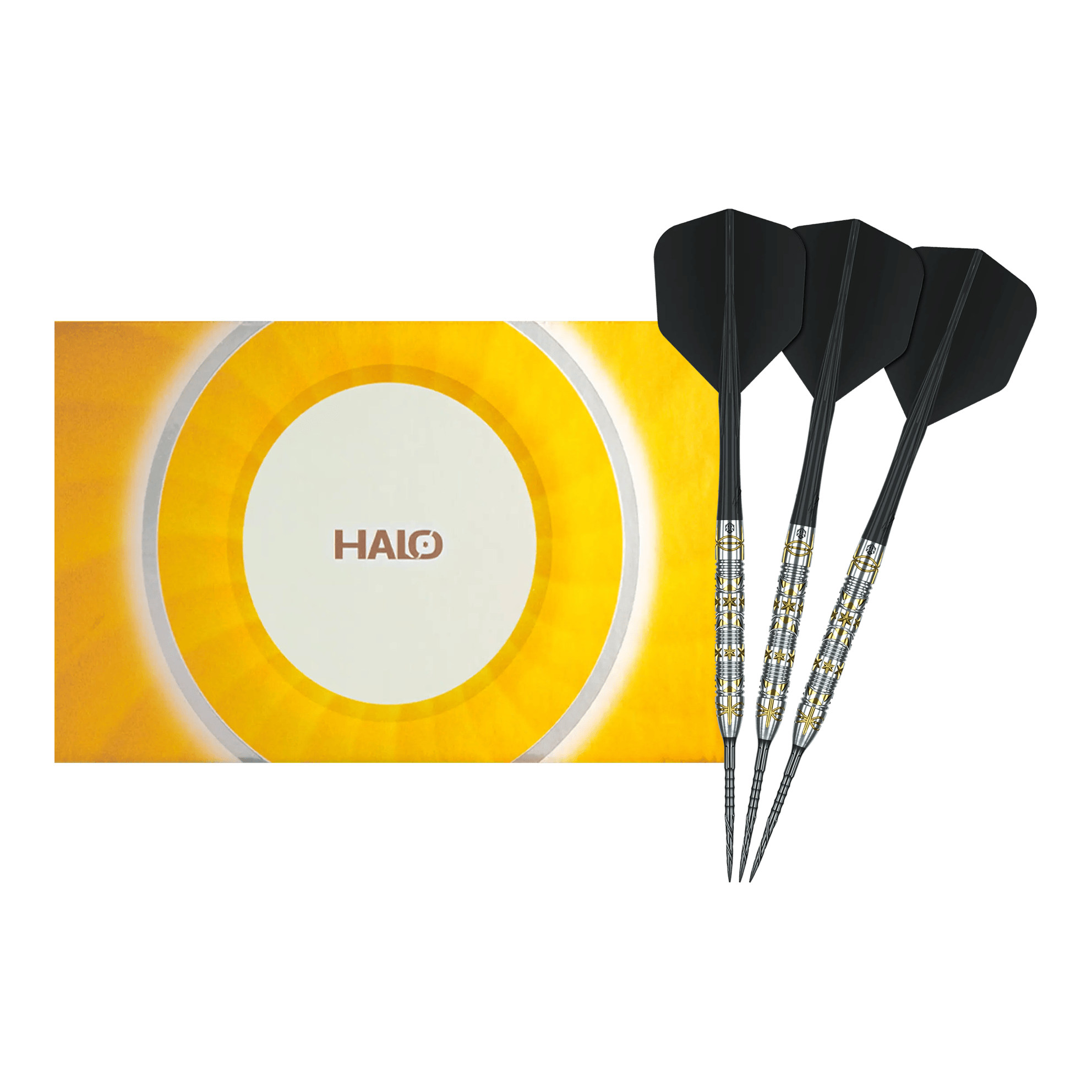 Gezeigt wird ein vollständiges Set der Caliburn Halo H1 Steeldarts - 22,5 g. Die hochwertigen Pfeile sind ideal für den Dartsport.