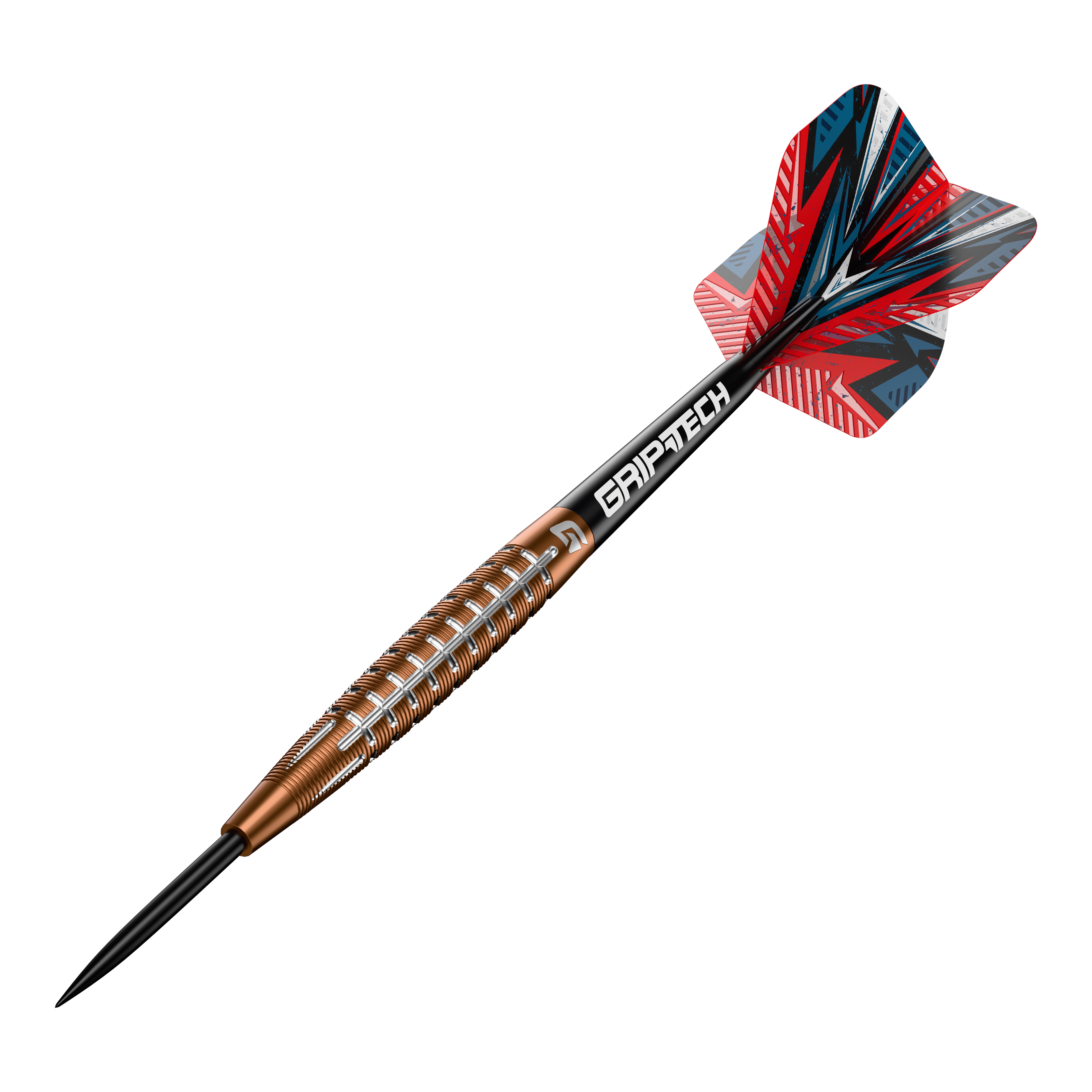GOAT Quarterback V1 Tungsten Steel Darts Das Bild zeigt einen GOAT Quarterback V1 Tungsten Steeldart. Der Dartpfeil hat ein auffälliges Design mit einer rot-blauen Flight und einem goldenen Griff mit silbernen Rillen.