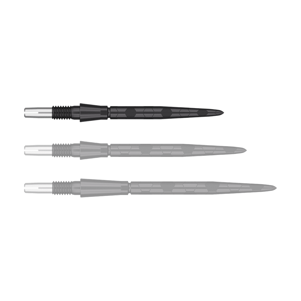 Target Swiss Storm Onyx Point Dart Tips - Black Das Bild zeigt drei schwarze Dartspitzen in einer Reihe. Sie haben ein metallisches Gewinde am einen Ende und sind schlank sowie geriffelt gestaltet.