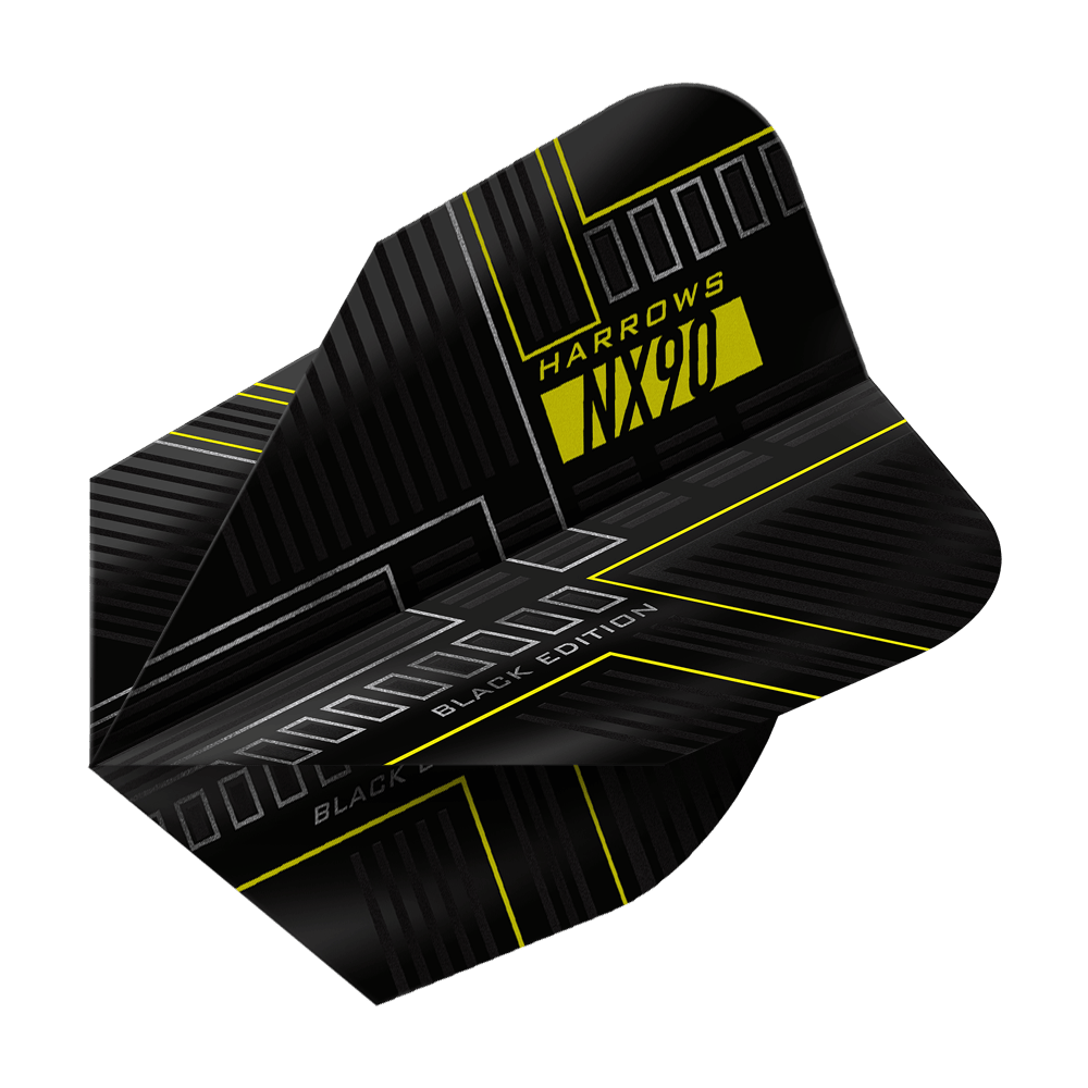 Harrows NX90 Black Edition No6 Flights Das Bild zeigt das Produkt "Harrows NX90 Black-Edition No6 Flights". Das Flight ist überwiegend schwarz mit gelben und grauen Akzenten und moderner Grafik.