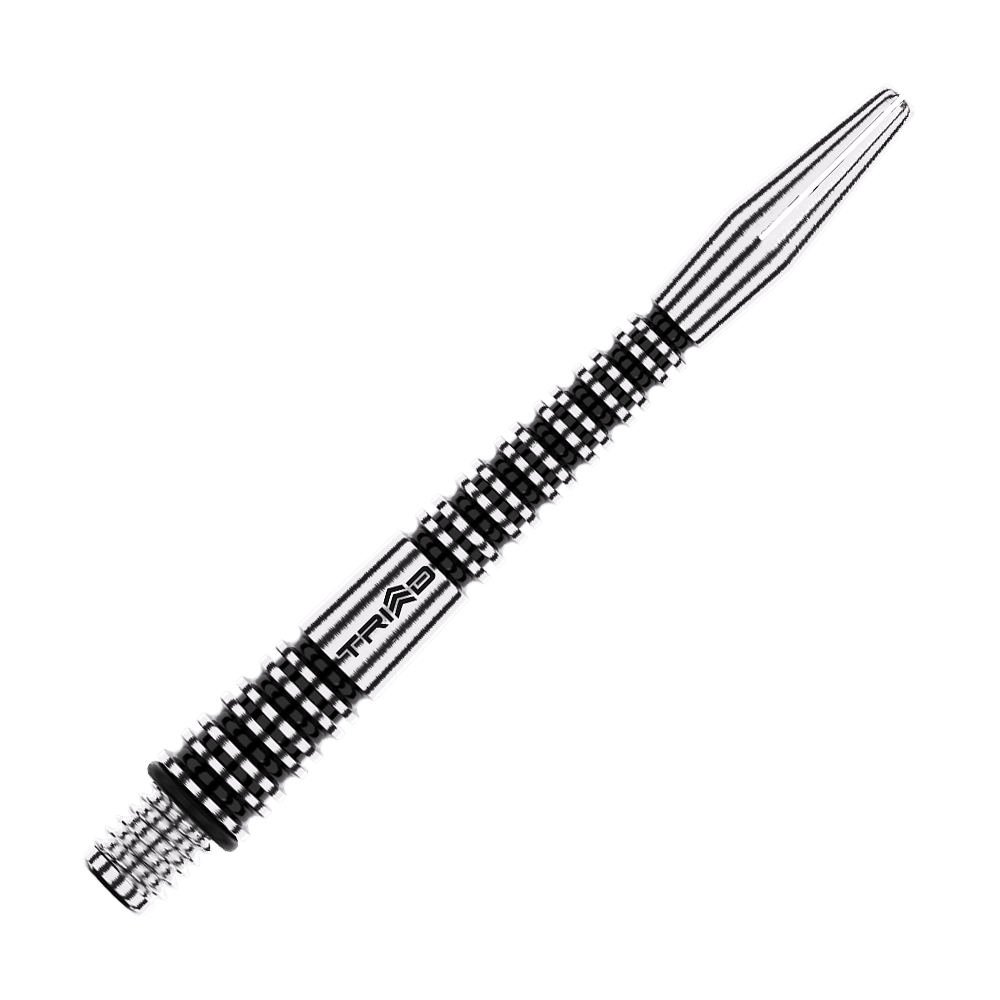 Winmau Triad RX Aluminium Shafts - Schwarz Das Bild zeigt einen schwarz-silbernen Aluminium Dartshaft mit geriffeltem Design. Auf dem Schaft steht das Wort "TRIAD".