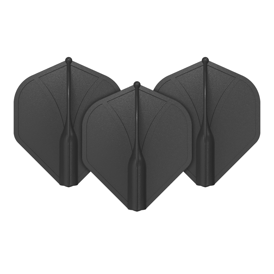 Shot Airfoil Molded No2 Standard Flights Auf dem Bild sind drei schwarze Dart-Flights zu sehen. Sie stehen aufrecht nebeneinander und haben eine standardmäßige, geformte Flügelform.