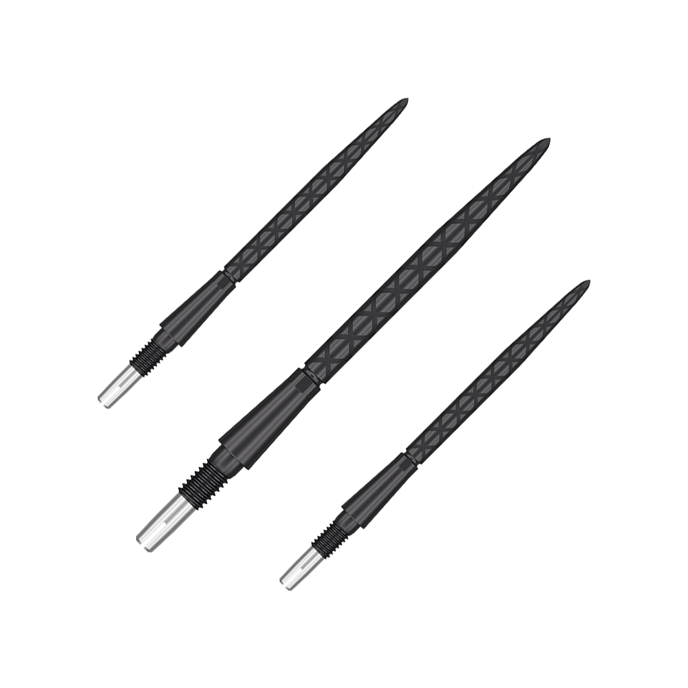 Target Swiss Storm Diamond Point Dart Tips - Black Auf dem Bild sind drei schwarze Dartspitzen mit Rautenmuster zu sehen. Sie sind parallel nebeneinander angeordnet.
