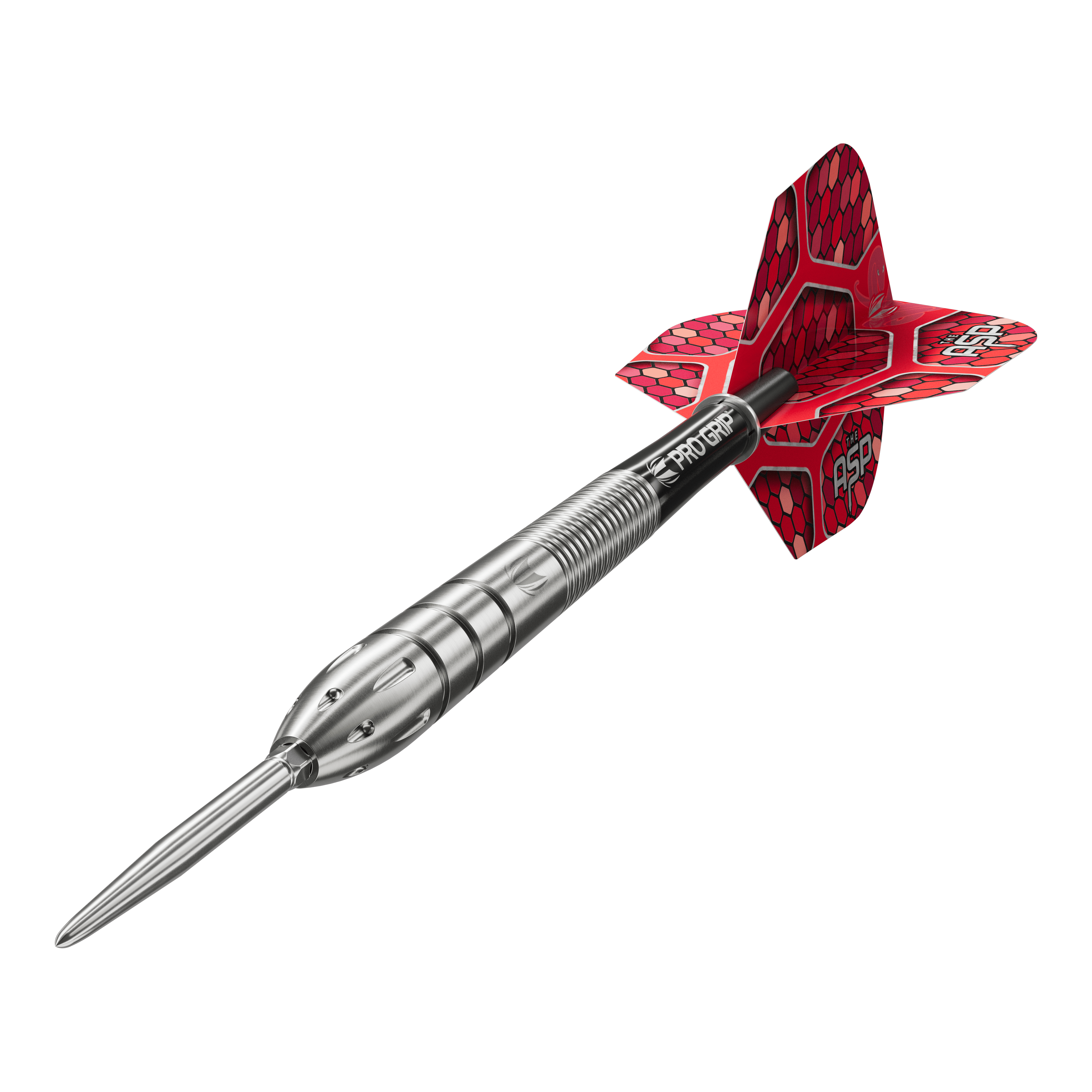 Auf dem Bild ist ein Target Nathan Aspinall GEN1 Swiss Point Steeldart zu sehen. Der Dartpfeil hat einen silbernen Schaft und rote Flights mit Wabenmuster.