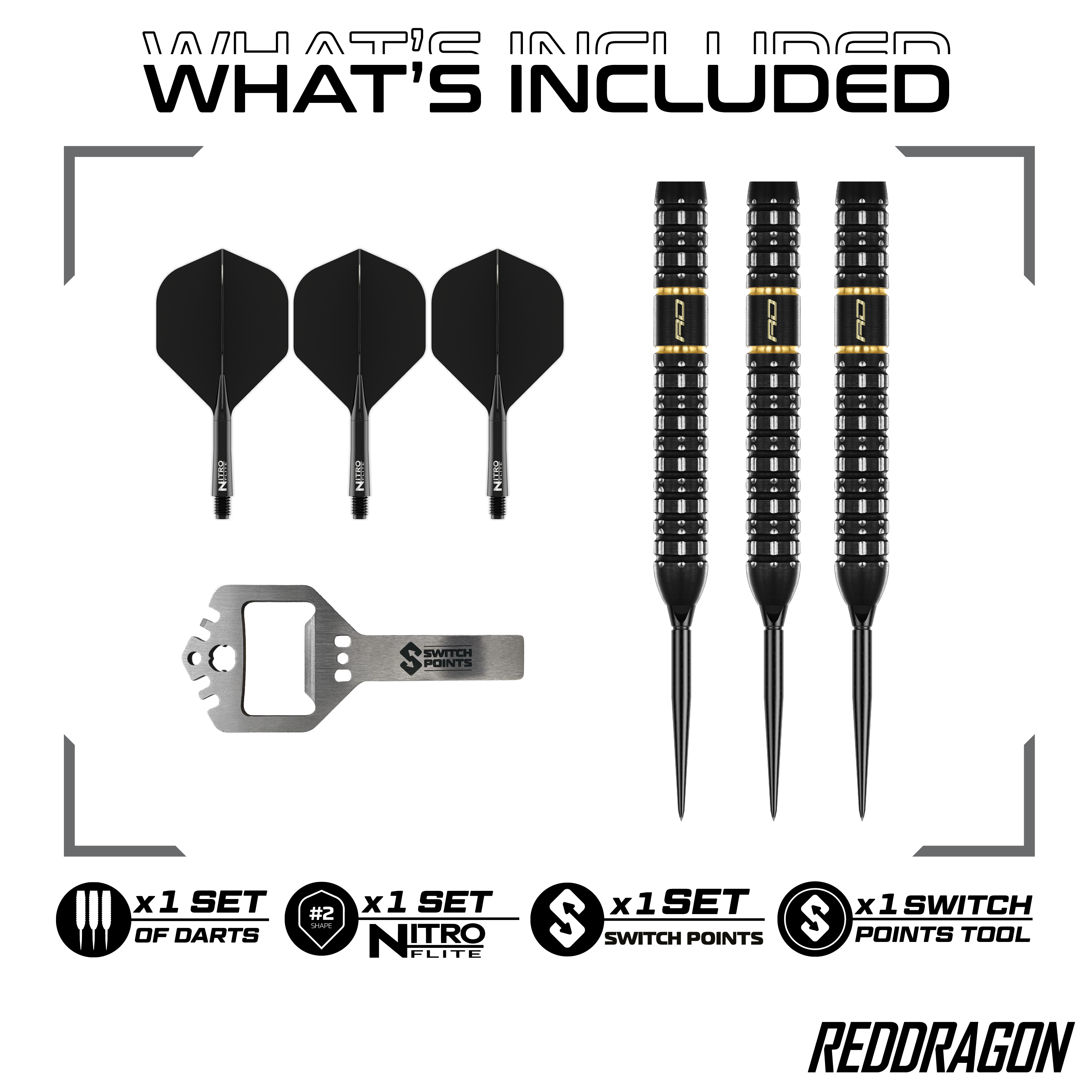 Hier sind die Red Dragon Ascend Parallel Switch Point Steeldarts zu sehen. Sie verfügen über eine parallele Form und wechselbare Spitzen.