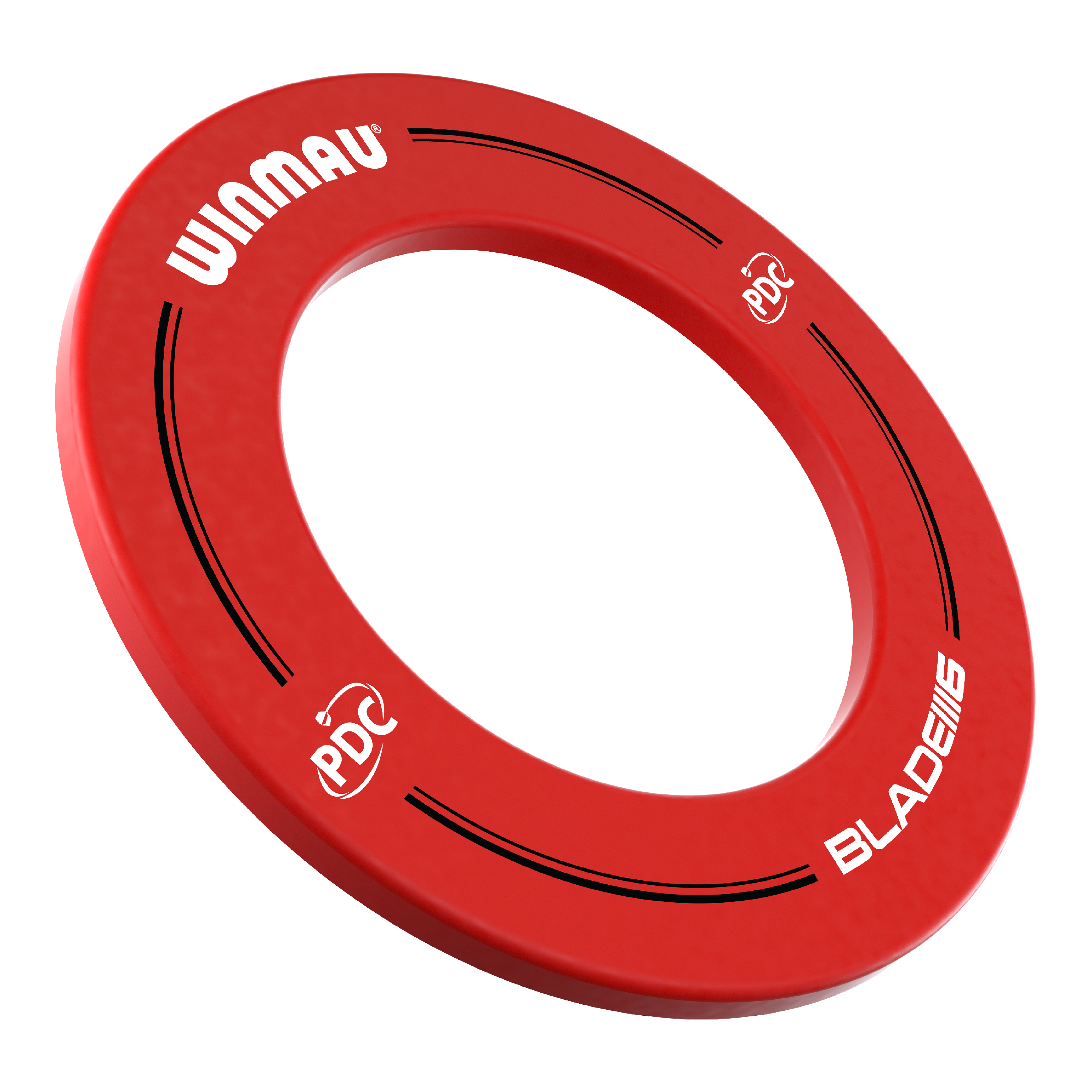 Winmau PDC Dartboard Surround - Red Das Bild zeigt einen roten Dartboard-Surround der Marke Winmau mit der Aufschrift „PDC“ und „BLADE 6“. Er wird verwendet, um die Wand rund um ein Dartboard vor Beschädigungen zu schützen.