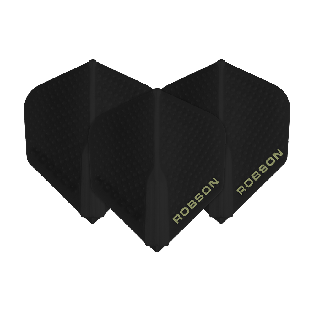 Robson Plus Dimple Flights - Black Das Bild zeigt drei schwarze Robson Plus Dimple Flights für Dartpfeile. Auf den Flights steht der Schriftzug "ROBSON" in heller Farbe.