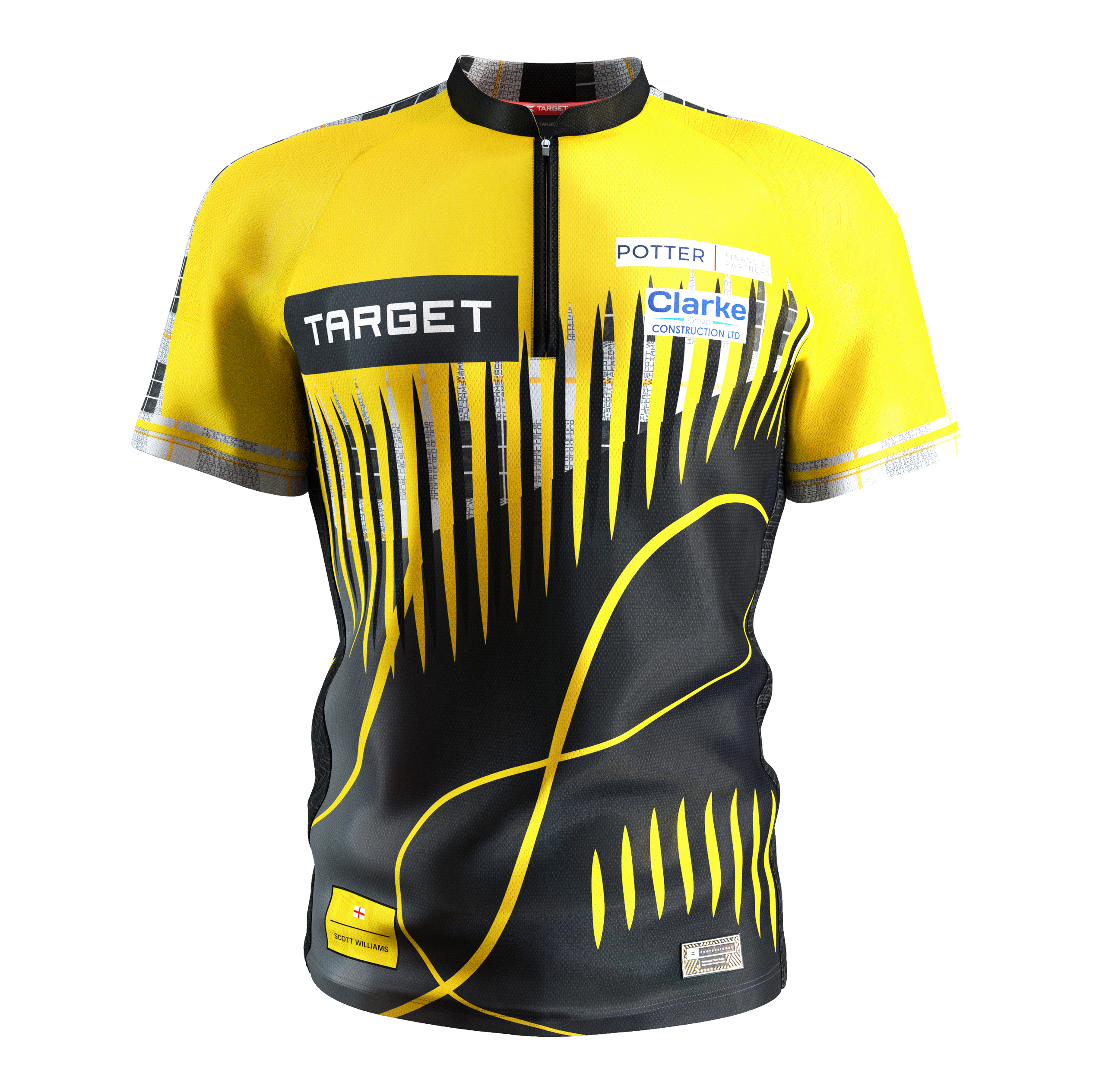 Target Coolplay Scott Williams 2025 dart shirt Das Bild zeigt ein Dartshirt in den Farben Gelb und Schwarz mit auffälligem modernem Muster. Auf dem Shirt sind mehrere Sponsorenlogos, darunter "TARGET", zu sehen.