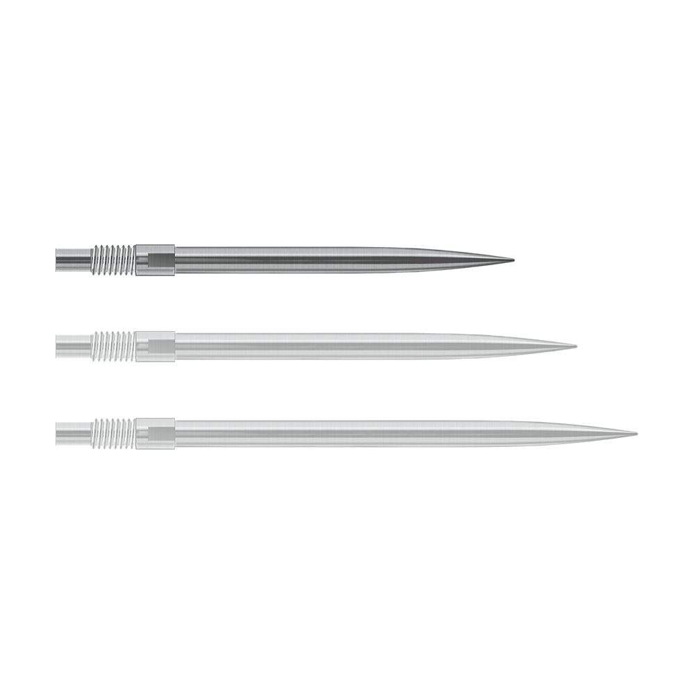 Abgebildet sind Harrows QuickPoint Dartspitzen in Silber, 30mm lang. Das Foto stellt das Produkt aus einer anderen Perspektive dar.