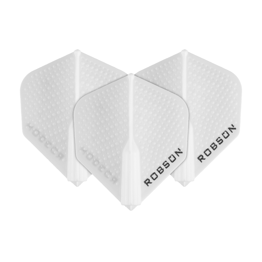 Robson Plus Dimple Flights - Weiß Das Bild zeigt drei weiße Robson Plus Dimple Flights für Dartpfeile. Die Flights haben eine strukturierte Oberfläche und tragen den Schriftzug "ROBSON".