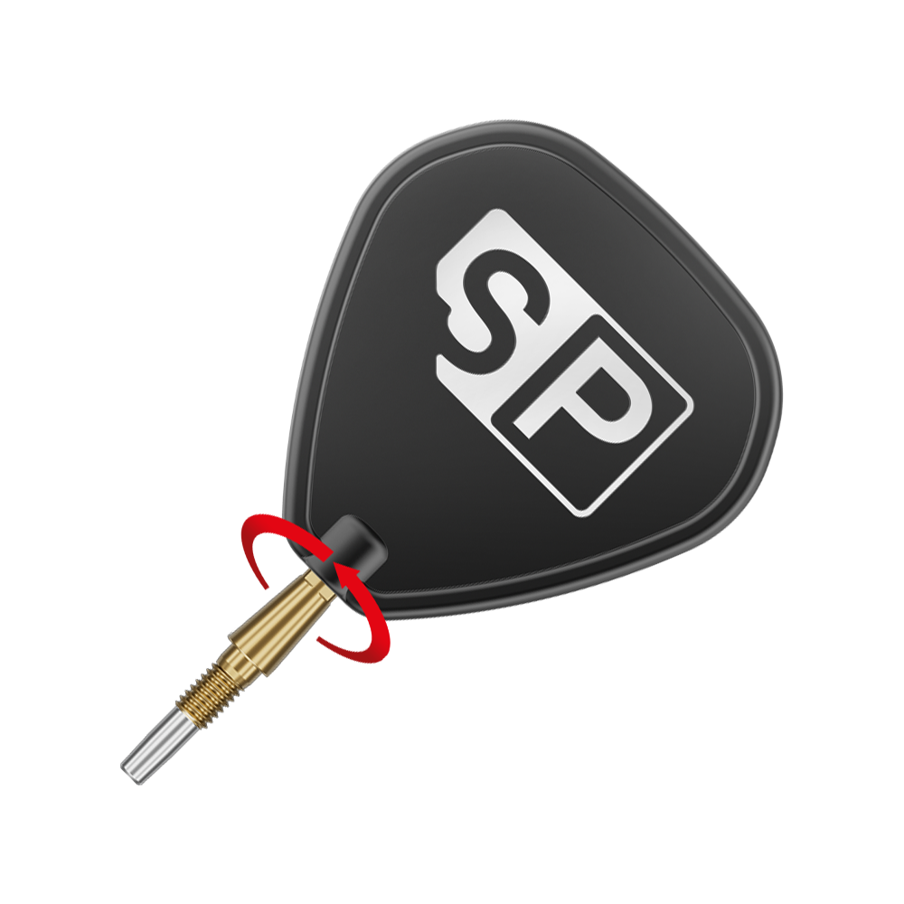 Auf dem Bild ist eine goldene Dartspitze mit einem schwarzen Flight zu sehen, auf dem die Buchstaben "SP" abgebildet sind. Um die Spitze ist ein roter Pfeil, der eine Drehbewegung anzeigt.