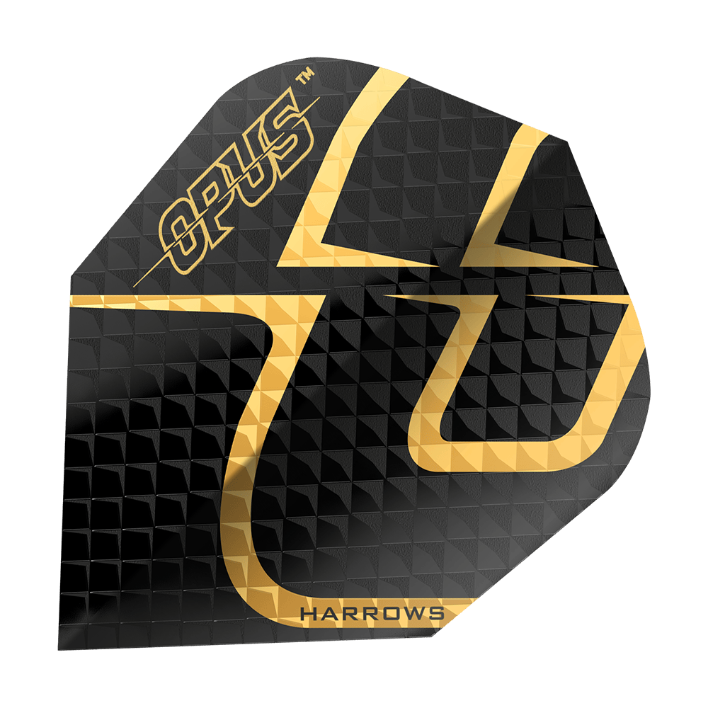 Harrow's Opus Version 2 Flights Das Bild zeigt das Produkt "Harrows Opus Version 2 Flights". Die Darts-Flight ist schwarz mit einem goldenen Muster und dem Schriftzug "OPUS" und "HARROWS".