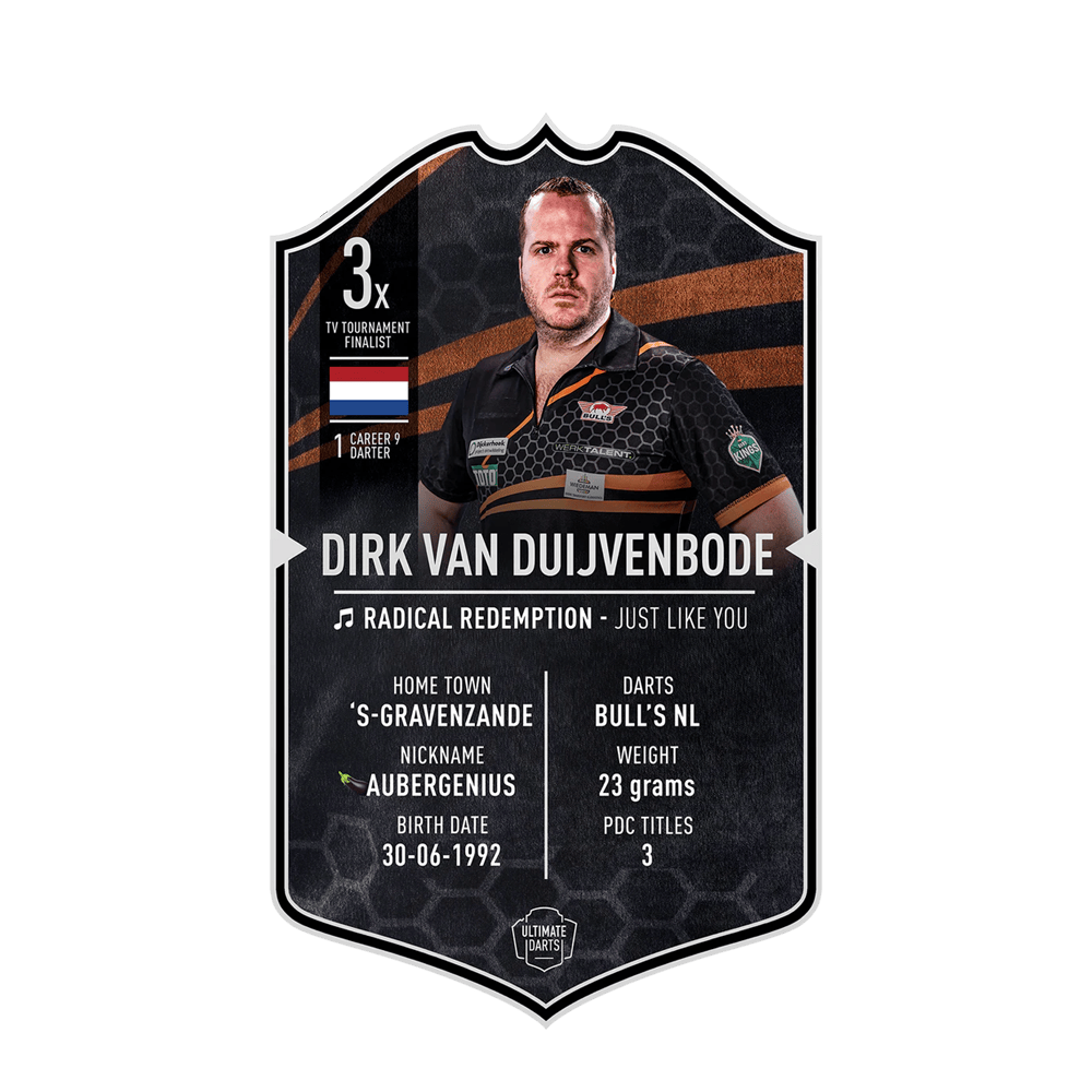 Ultimate Darts Card - Dirk Van Duijvenbode Die Abbildung zeigt eine Ultimate Darts Card von Dirk Van Duijvenbode. Auf der Karte stehen Informationen wie sein Spitzname "Aubergenius", seine Heimatstadt ’s-Gravenzande und sein Geburtsdatum, 30.06.1992.
