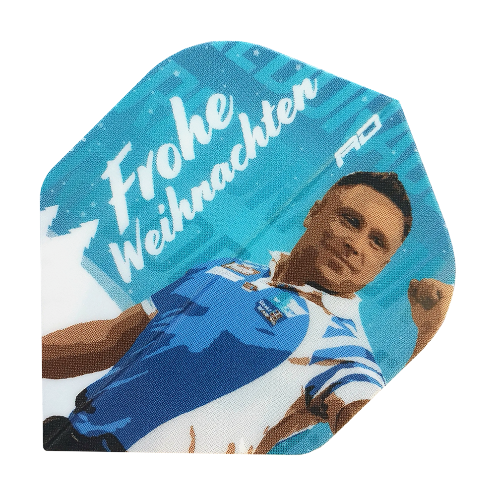 WF-8_Red_Dragon_Merry_Christmas_Flights_Gerwyn_Price_Blue_1Kqth51WVQQWFY Das Bild zeigt ein Dart Flight mit dem Motiv von Gerwyn Price in blauer Kleidung. Oben steht der Schriftzug "Frohe Weihnachten" auf dem Flight.