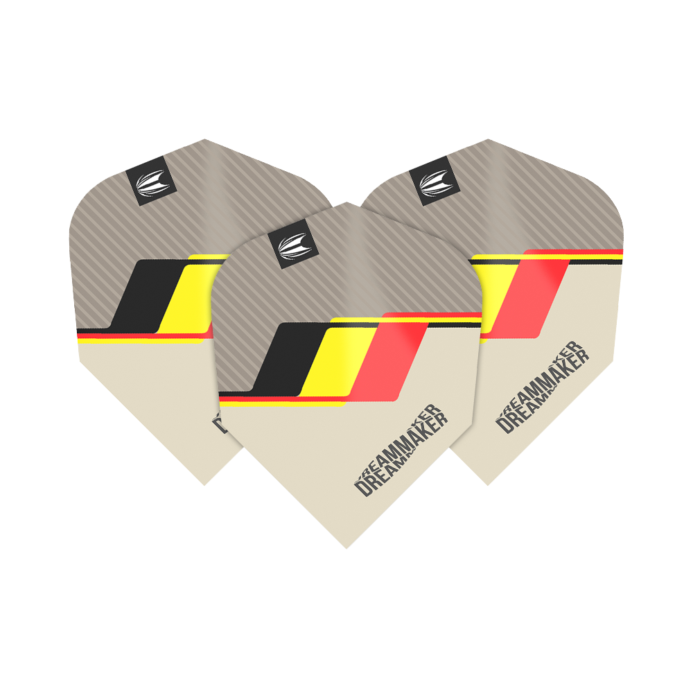 Das Bild zeigt drei Dart-Flights mit dem Namen "Target Pro Ultra Dimitri Van Den Bergh TenX Flights". Sie sind in Beige, Grau, Schwarz, Gelb und Rot gestaltet und tragen den Schriftzug "DREAMMAKER".