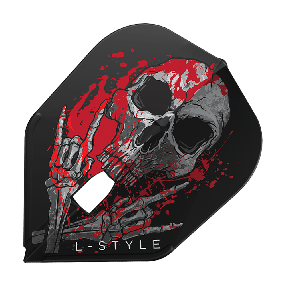 L-Style Ryan Searle V3 L3PRO Black Flights Das Bild zeigt das Produkt "L-Style Ryan Searle V3 L3PRO Black Flights". Auf dem Flight ist ein Totenkopf mit roten Farbklecksen und skelettierten Händen abgebildet.