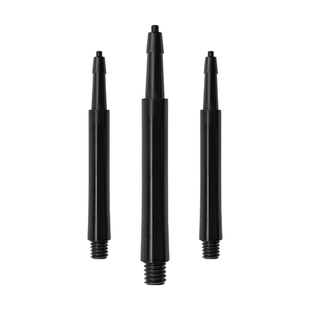 Das Bild zeigt drei schwarze Harrows Clic Standard Shafts. Diese Schäfte sind für den Einsatz bei Darts bestimmt.