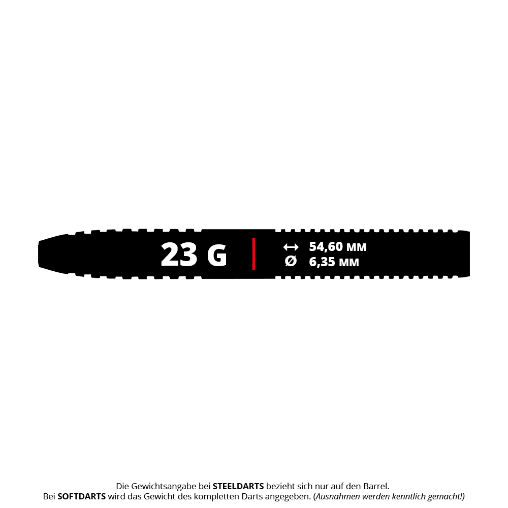 Winmau Daryl Gurney SC 1.0 Series Steeldarts - 23g Das Bild zeigt den Winmau Daryl Gurney SC 1.0 Series Steeldart mit einem Gewicht von 23 Gramm. Die Maße des Barrels sind 54,60 mm Länge und 6,35 mm Durchmesser.
