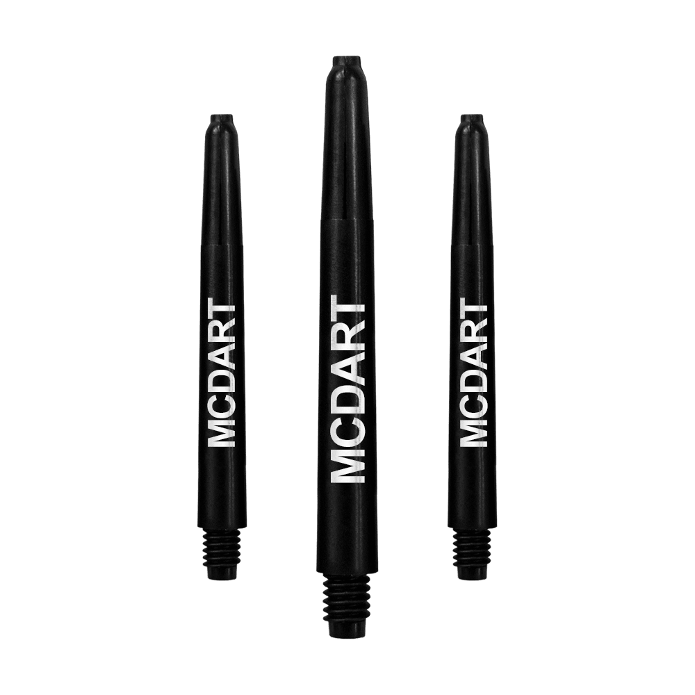 MD-611_Nylon_Shafts_mit_Wunschdruck_Schwarz_48mm_1 Auf dem Bild sind drei schwarze Nylon-Dartschäfte zu sehen. Auf jedem Schaft steht das Wort "MCDART" in weißer Schrift.